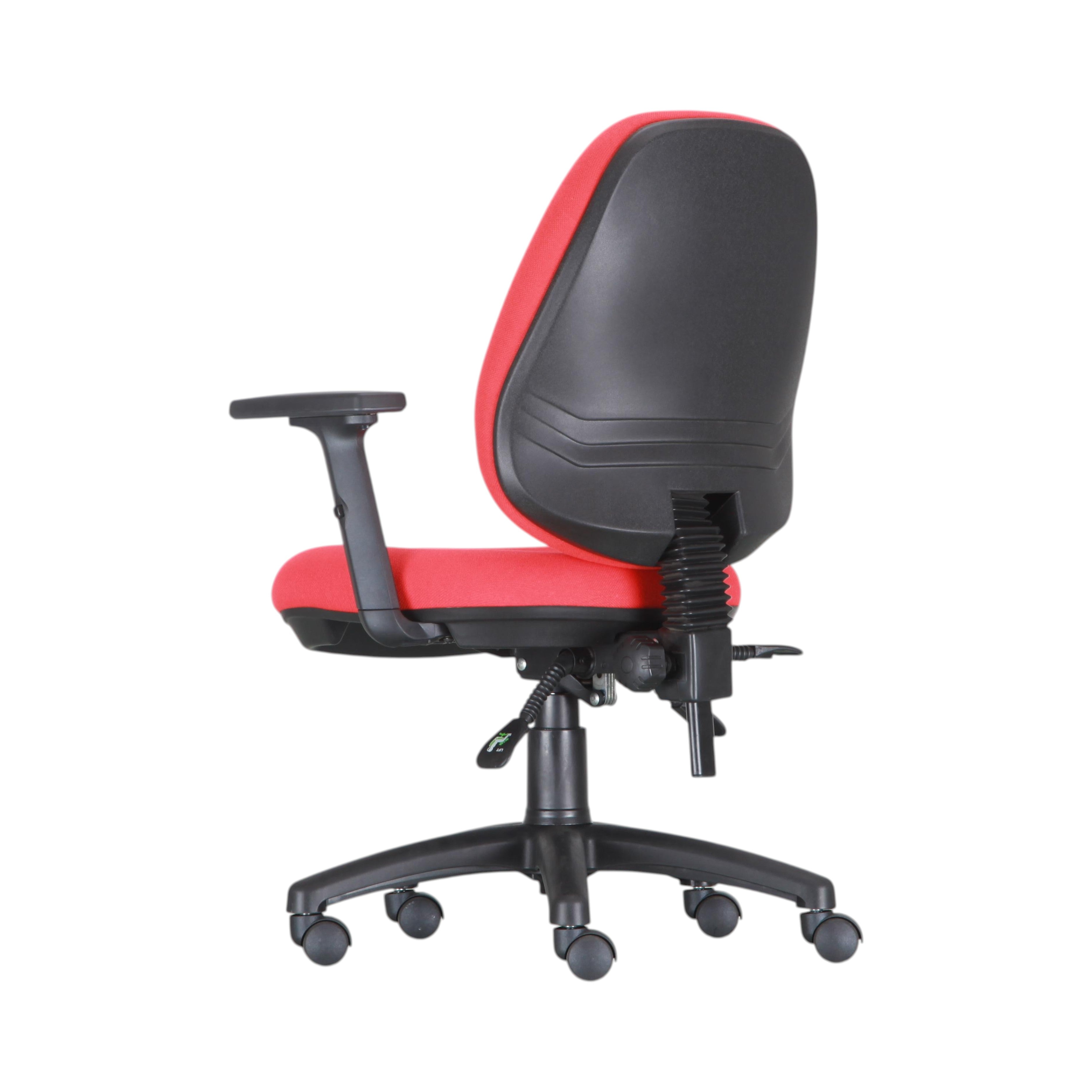 Xiaoyaozuo office chair: Red fabric ergonomic office chair with black plastic backrest, adjustable armrests, and five-wheel base.