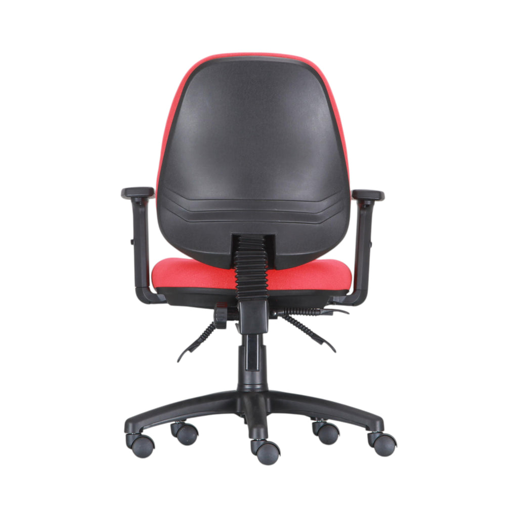 Xiaoyaozuo office chair: Red fabric ergonomic office chair with black plastic backrest, armrests, and five-wheel base.