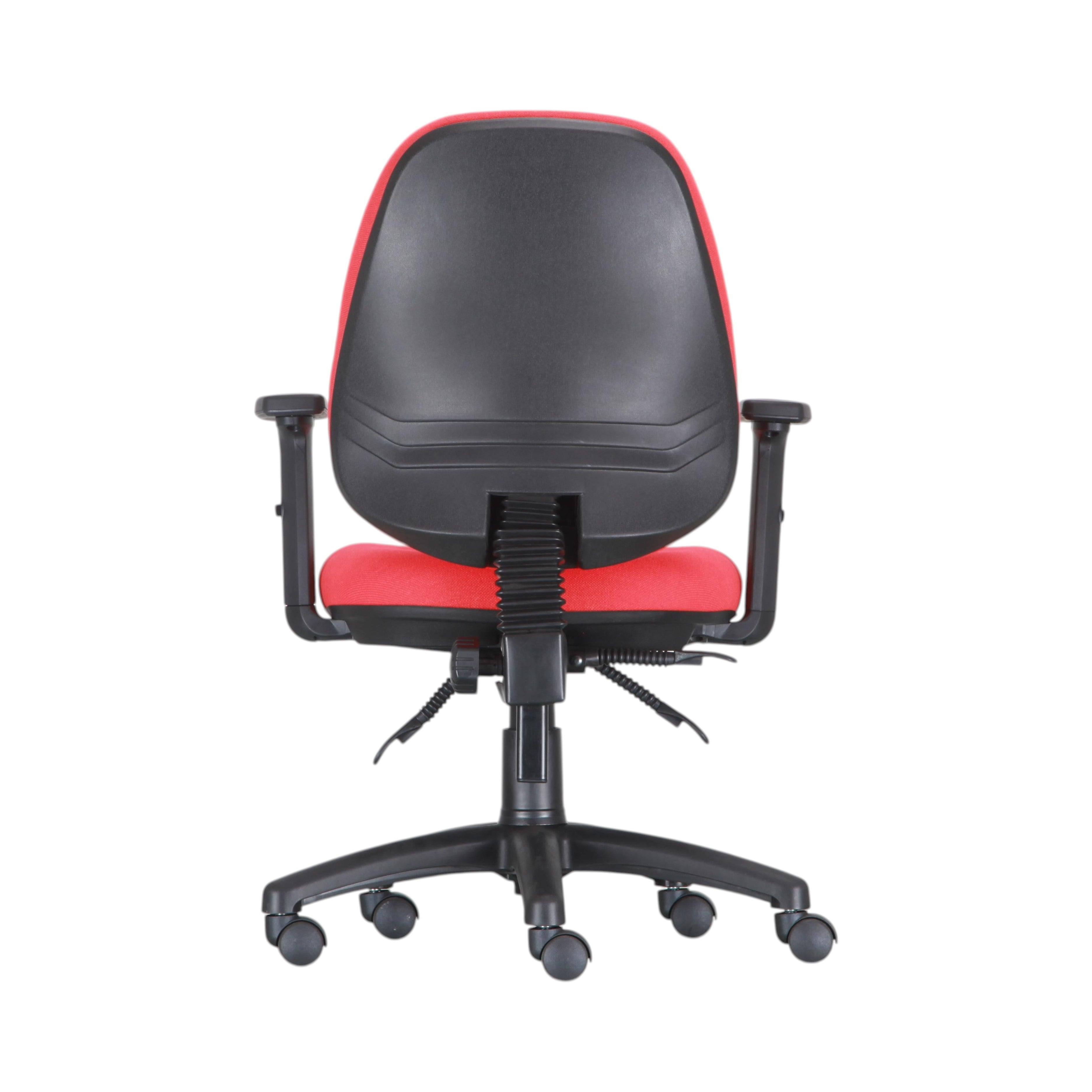 Xiaoyaozuo office chair: Red fabric ergonomic office chair with black plastic backrest, armrests, and five-wheel base.