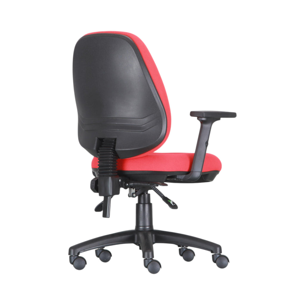 Xiaoyaozuo office chair: Red fabric ergonomic office chair with black armrests and base, adjustable height, on casters.