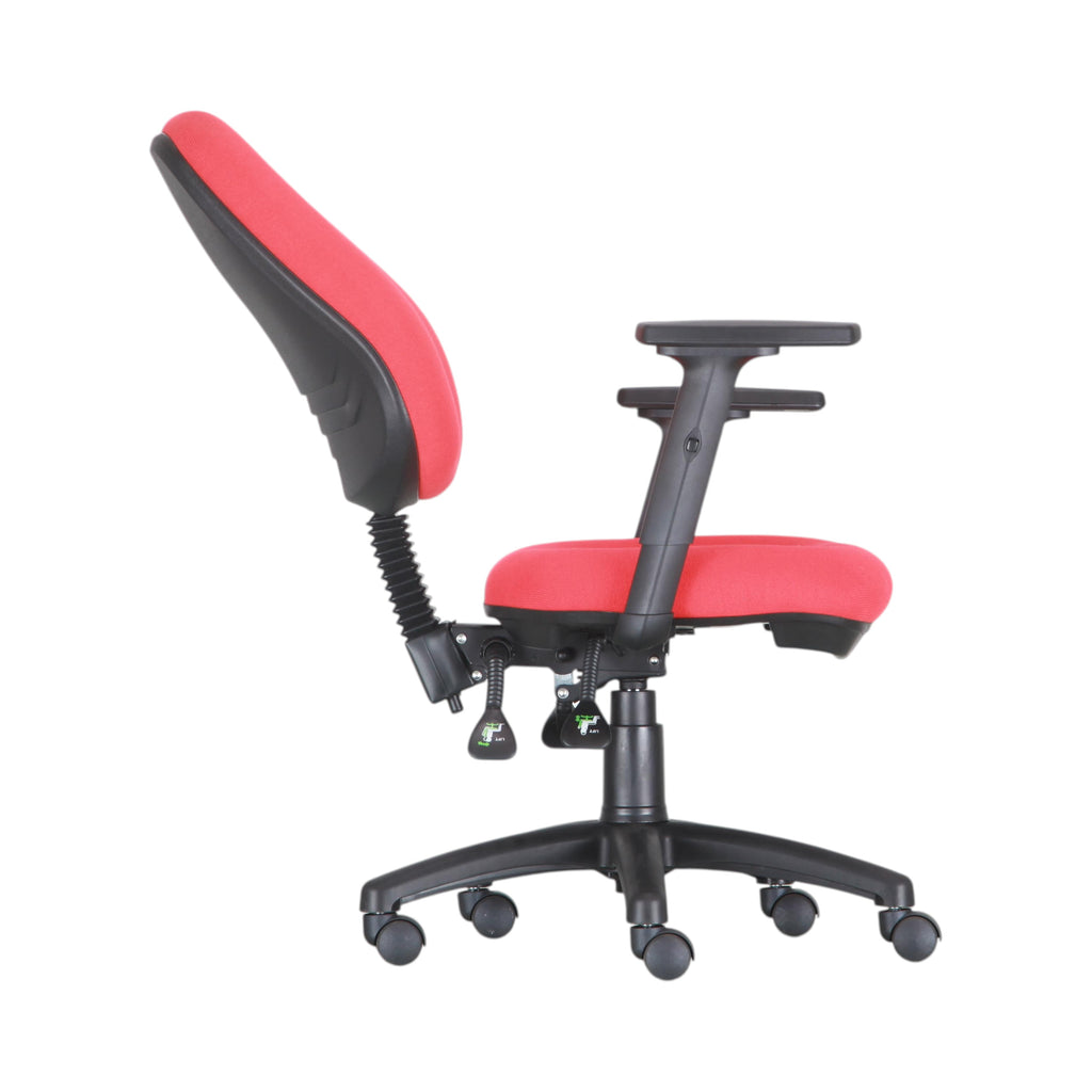 Xiaoyaozuo office chair: Red fabric ergonomic office chair with adjustable height, armrests, and black casters.
