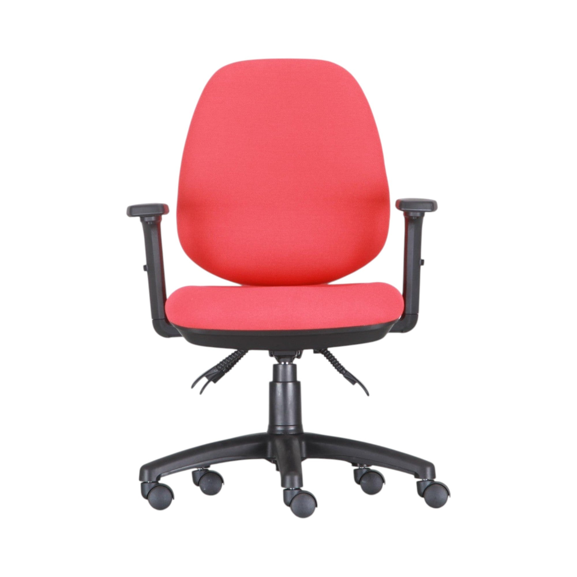 Xiaoyaozuo office chair: Red ergonomic office chair with padded fabric seat and backrest, adjustable height, and casters.