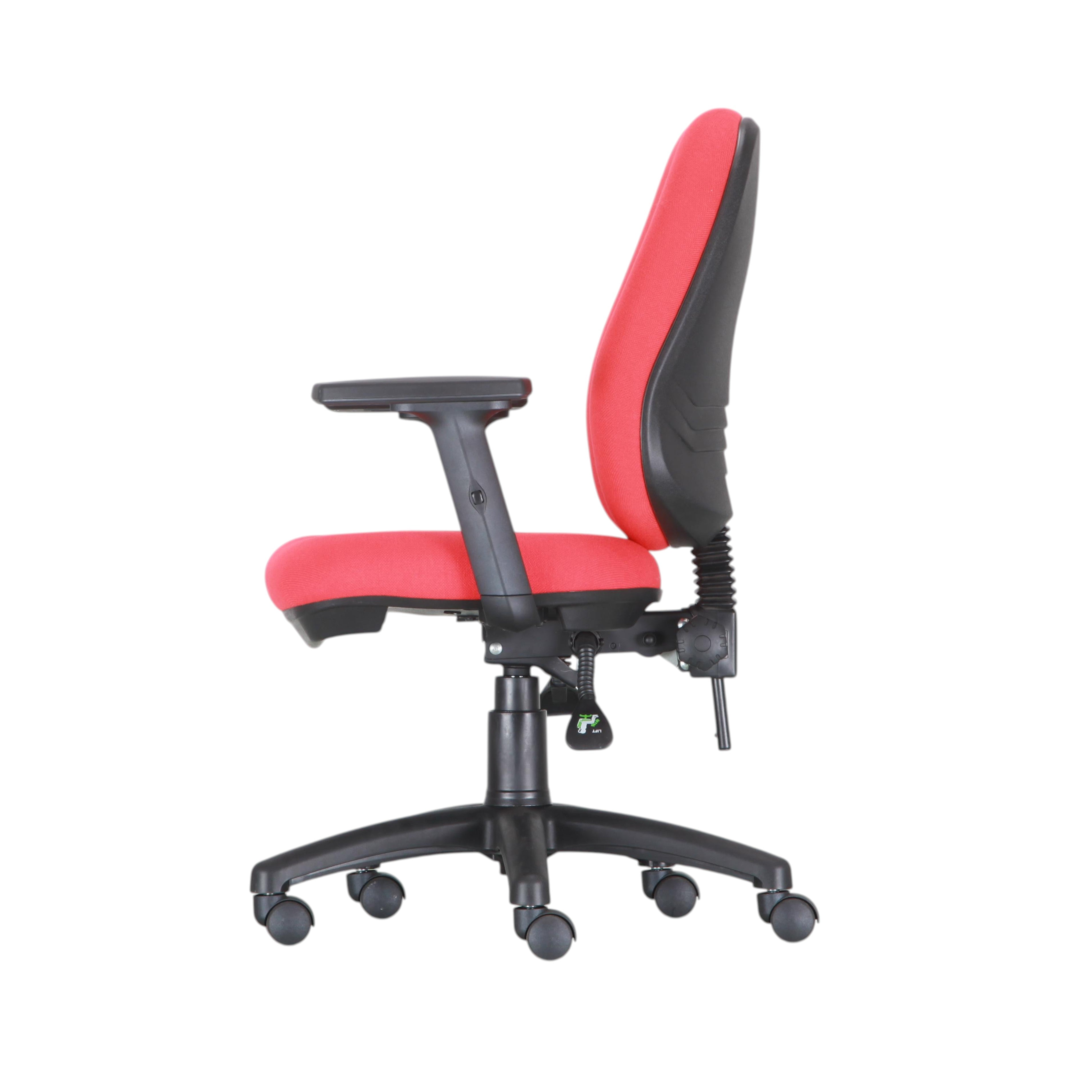 Xiaoyaozuo office chair: Red fabric ergonomic office chair with black accents, adjustable height, and armrests on casters.