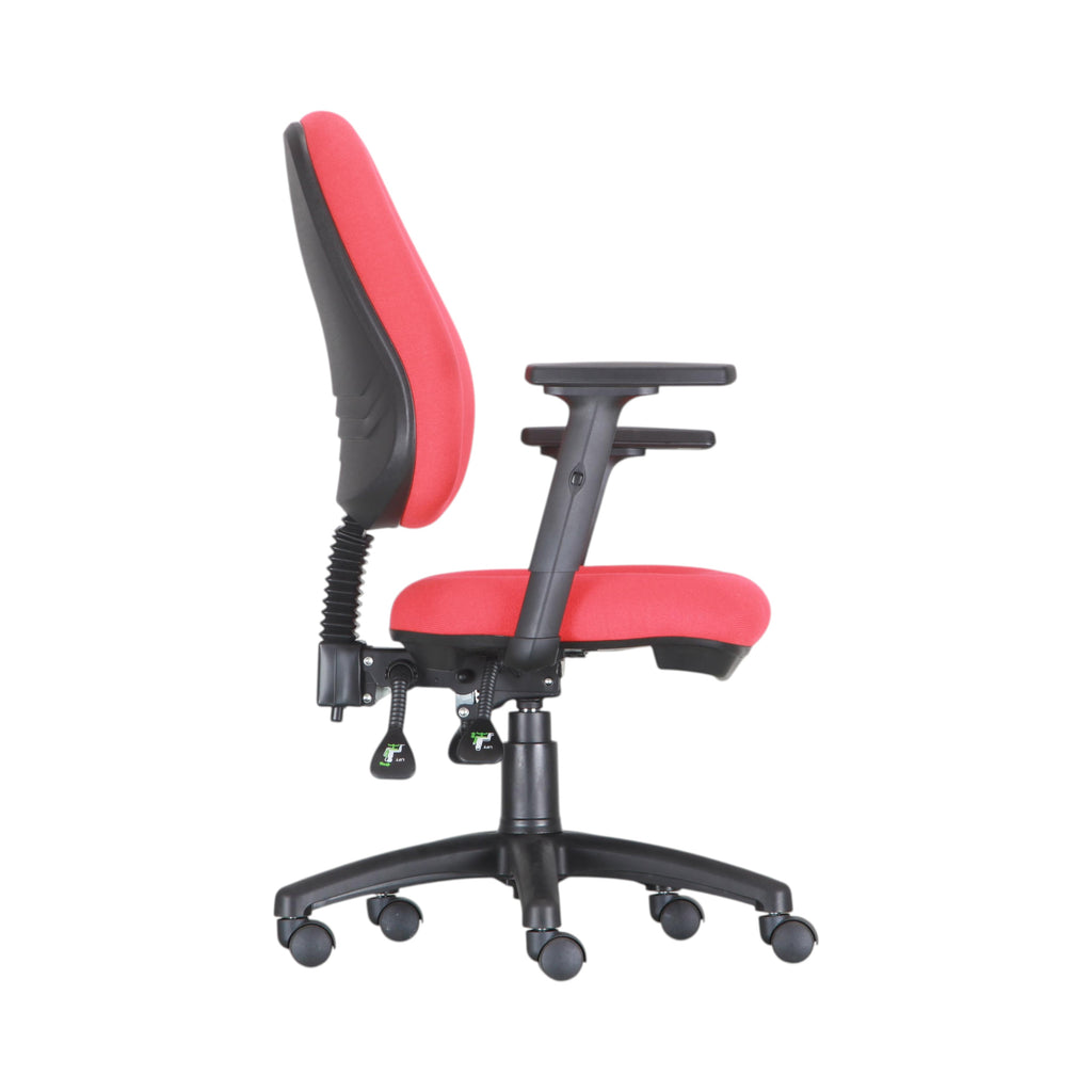 Xiaoyaozuo office chair: Red fabric ergonomic office chair with adjustable armrests and black base with casters.
