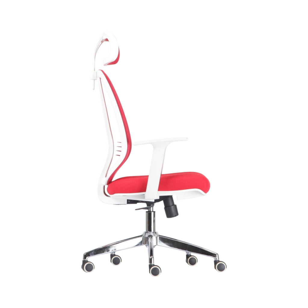 Xiaoyaozuo office chair: Red ergonomic mesh office chair with adjustable headrest and white frame, padded seat, and chrome base with casters.