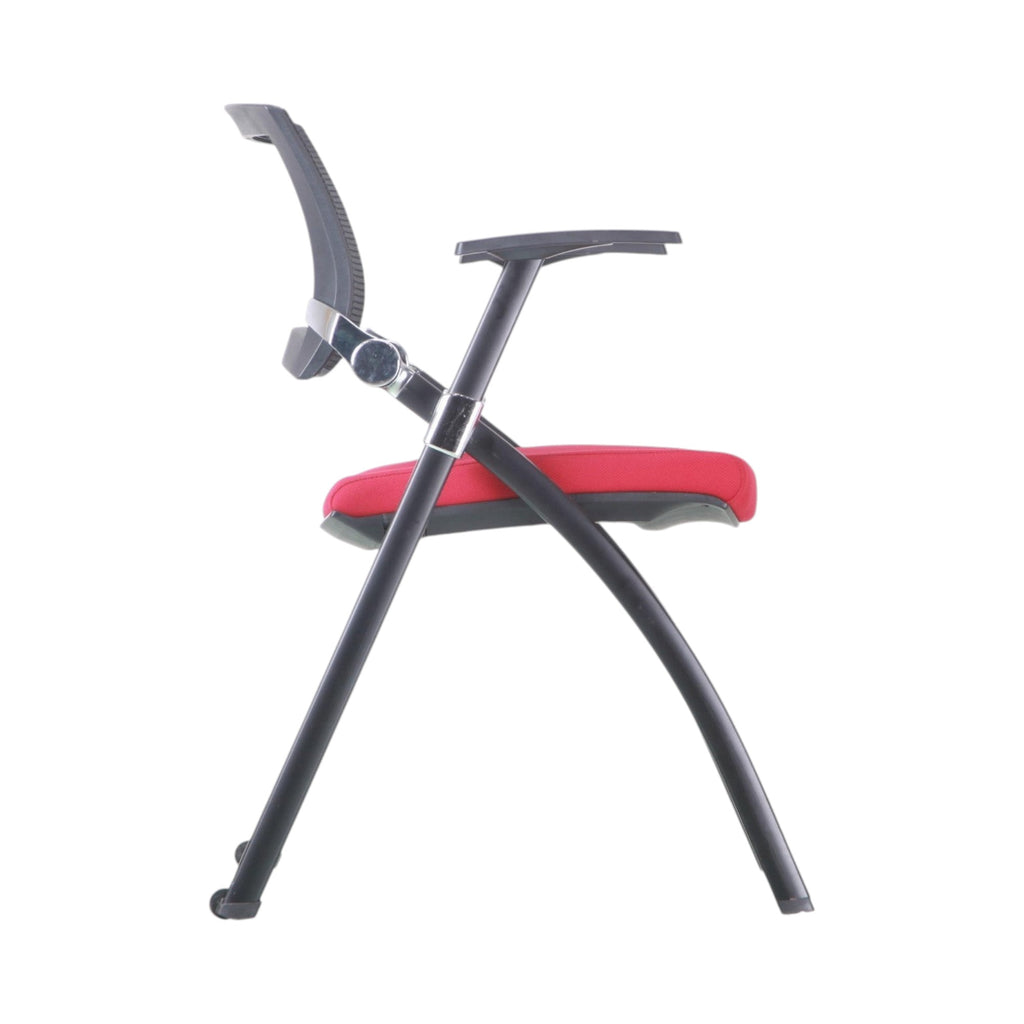 Xiaoyaozuo office chair: modern red conference chair with black mesh back and armrests on a sleek metal frame.