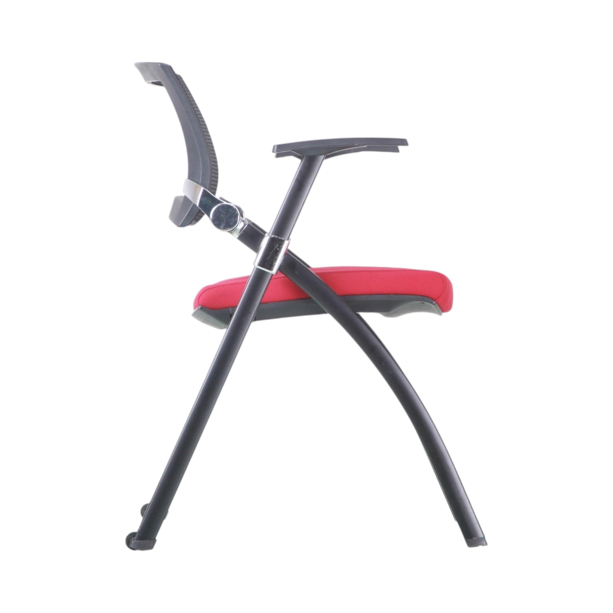 Xiaoyaozuo office chair: modern red conference chair with black mesh back and armrests on a sleek metal frame.