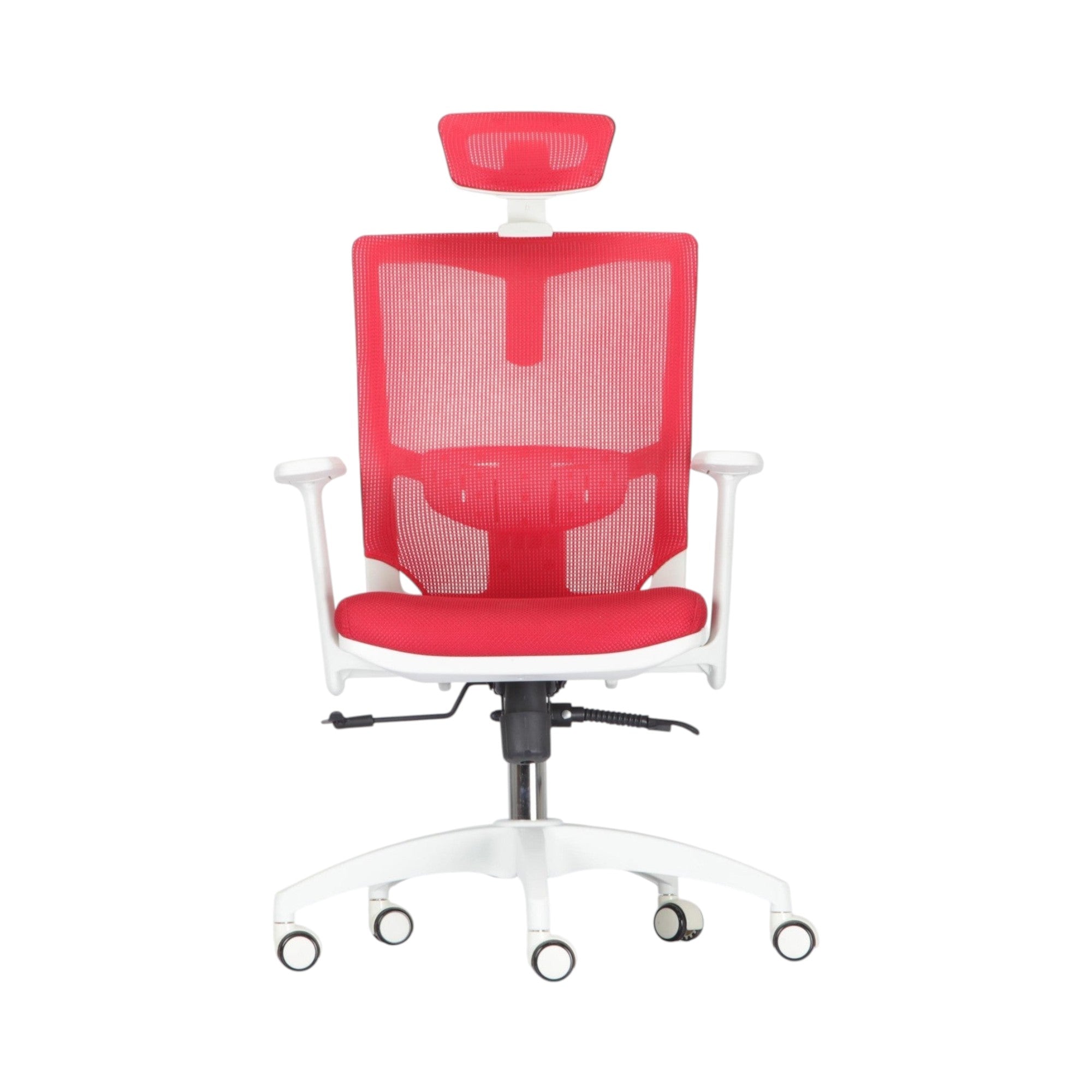 Xiaoyaozuo office chair: Red ergonomic mesh office chair with adjustable headrest and white frame. Padded seat and breathable mesh back.