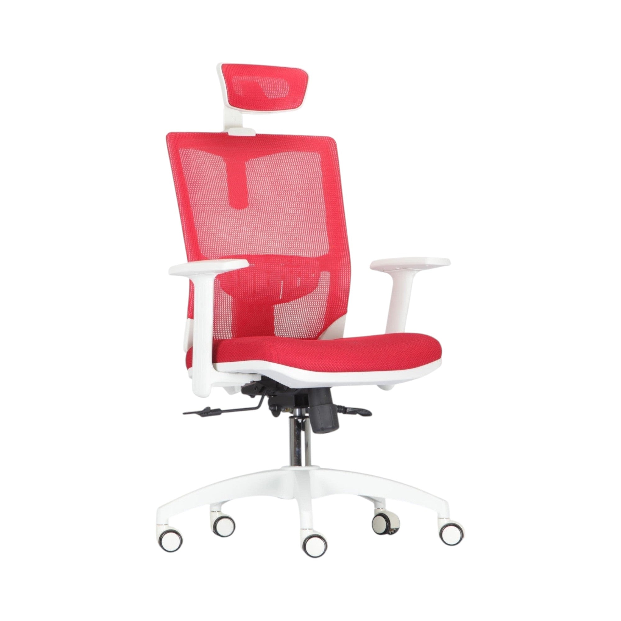 Xiaoyaozuo office chair: Red mesh ergonomic office chair with white frame, adjustable headrest, armrests, and padded seat on casters.