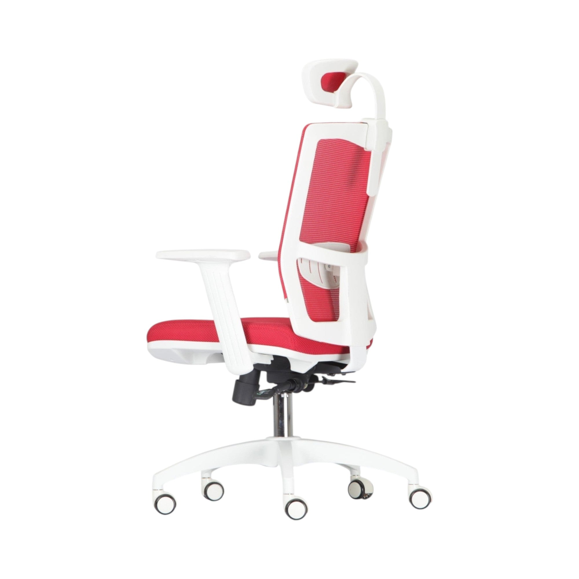 Xiaoyaozuo office chair: Red and white ergonomic mesh office chair with adjustable headrest and armrests, on white casters.