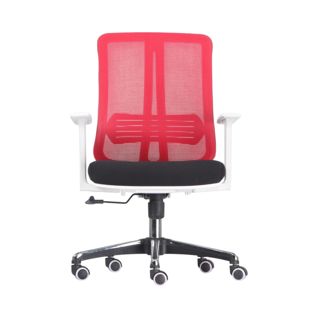 Xiaoyaozuo office chair: modern red mesh back ergonomic office chair with black seat and adjustable armrests.