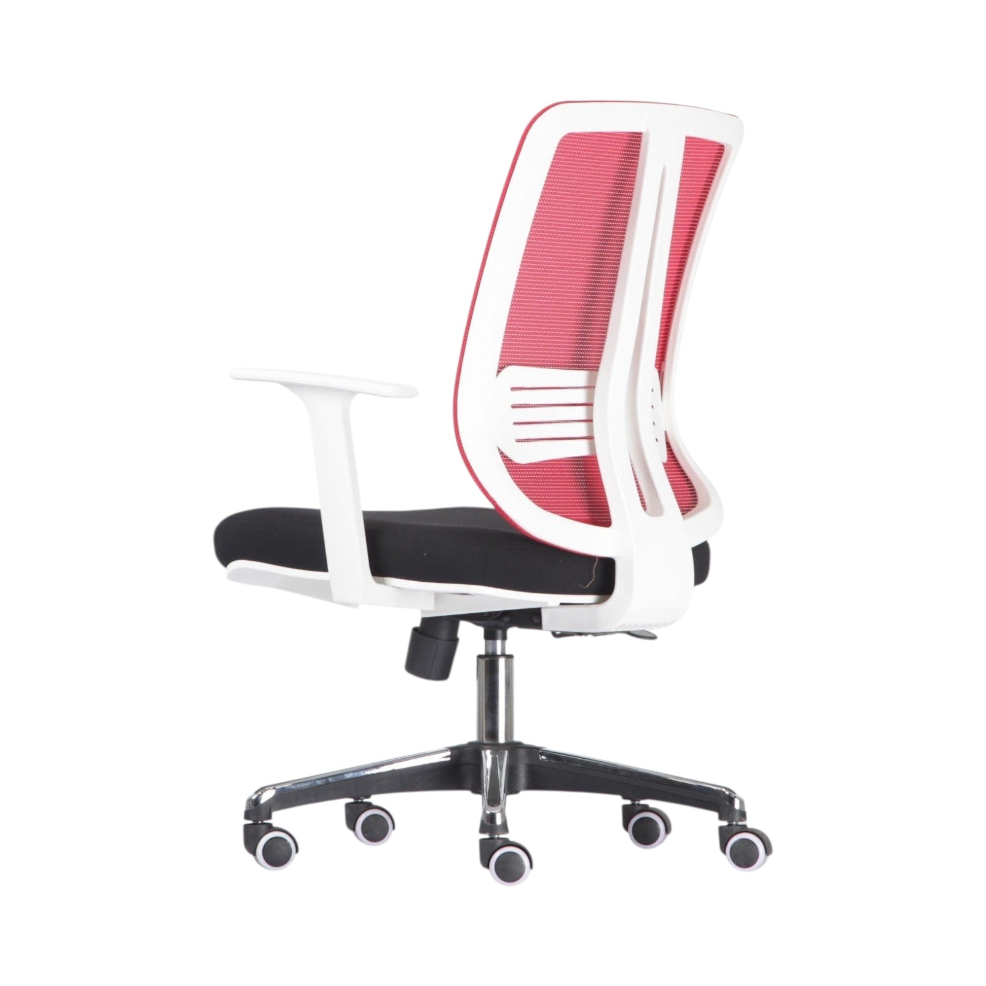 Xiaoyaozuo office chair with red mesh back and black seat, adjustable armrests, and rolling casters.