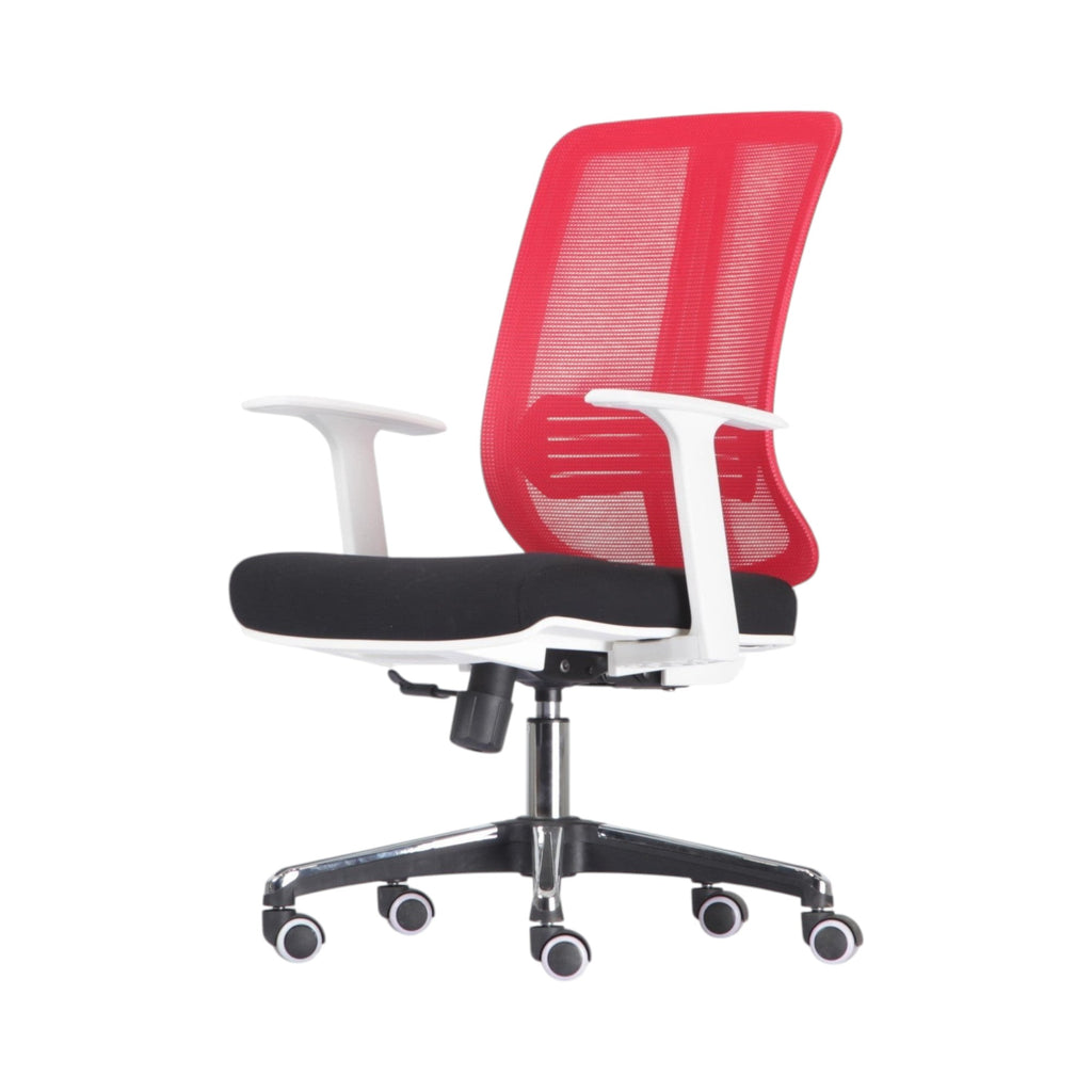 Xiaoyaozuo office chair: modern ergonomic chair with red mesh back, black seat, white armrests, and chrome base with casters.