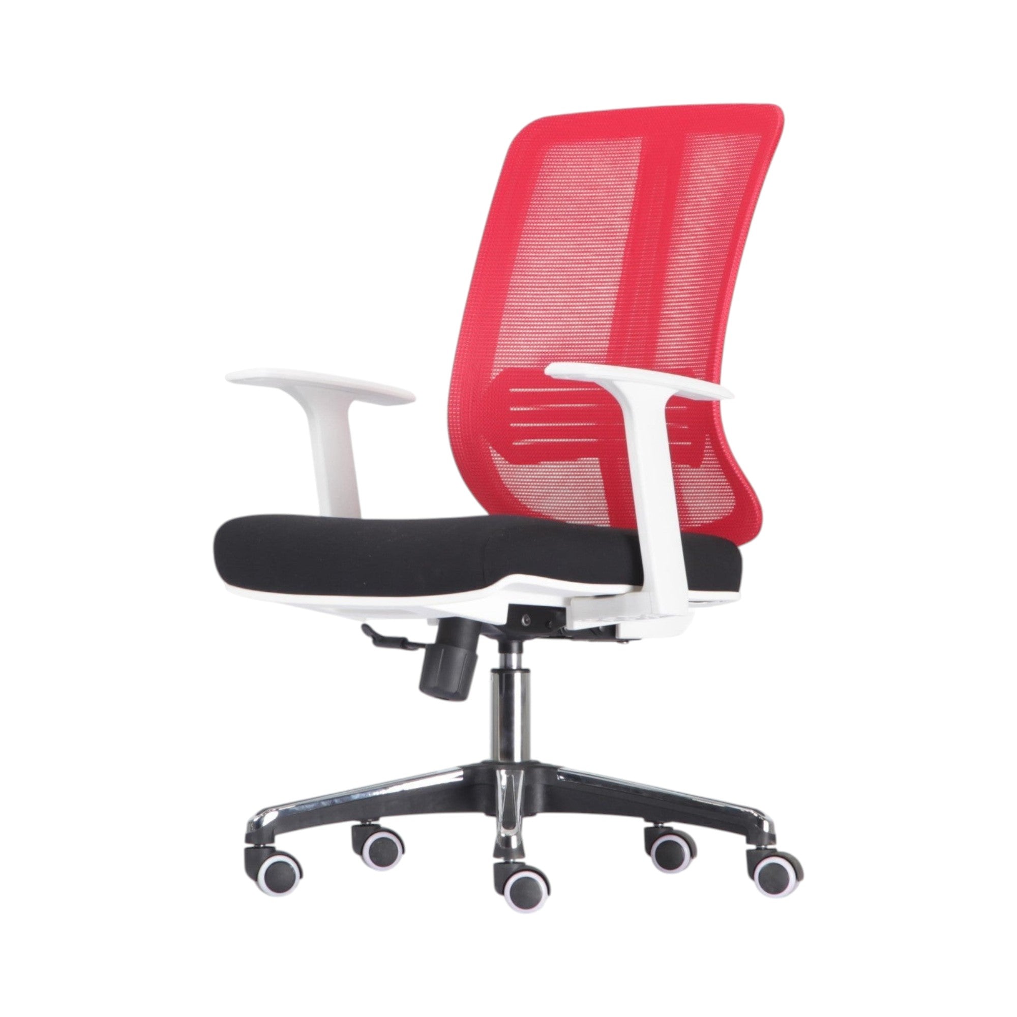 Xiaoyaozuo office chair: modern ergonomic chair with red mesh back, black seat, white armrests, and chrome base with casters.