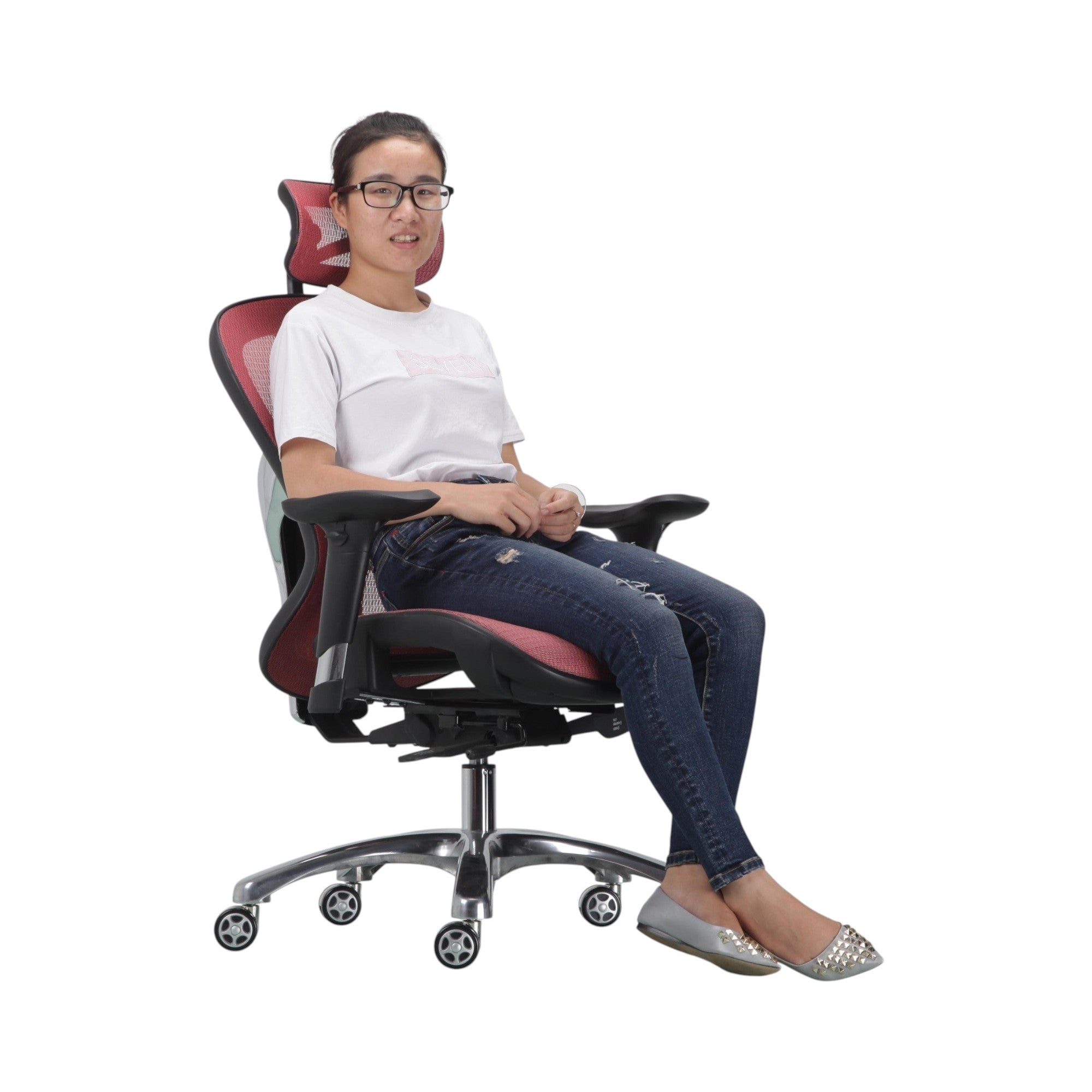 Xiaoyaozuo office chair: Red and black ergonomic mesh office chair with adjustable headrest and lumbar support, shown with a woman seated.