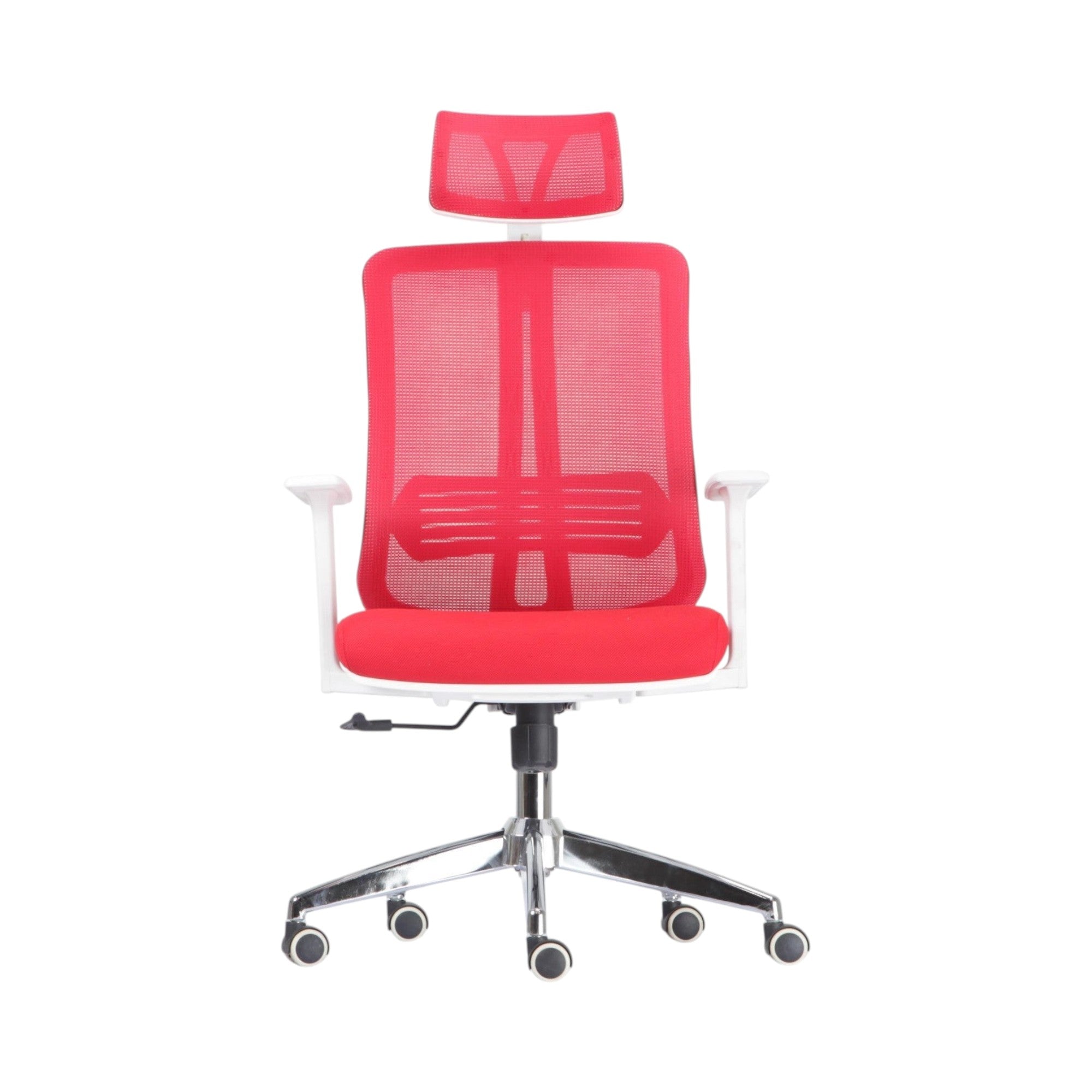 Xiaoyaozuo office chair: Red ergonomic mesh office chair with adjustable headrest and padded seat, white frame, chrome base with casters.
