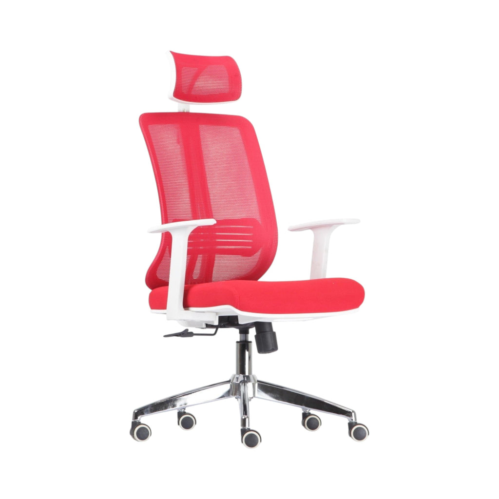 Xiaoyaozuo office chair: Red ergonomic mesh office chair with adjustable headrest, padded seat, and white armrests on chrome base with casters.