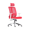 Xiaoyaozuo office chair: Red ergonomic mesh office chair with adjustable headrest, padded seat, and white armrests on chrome base with casters.