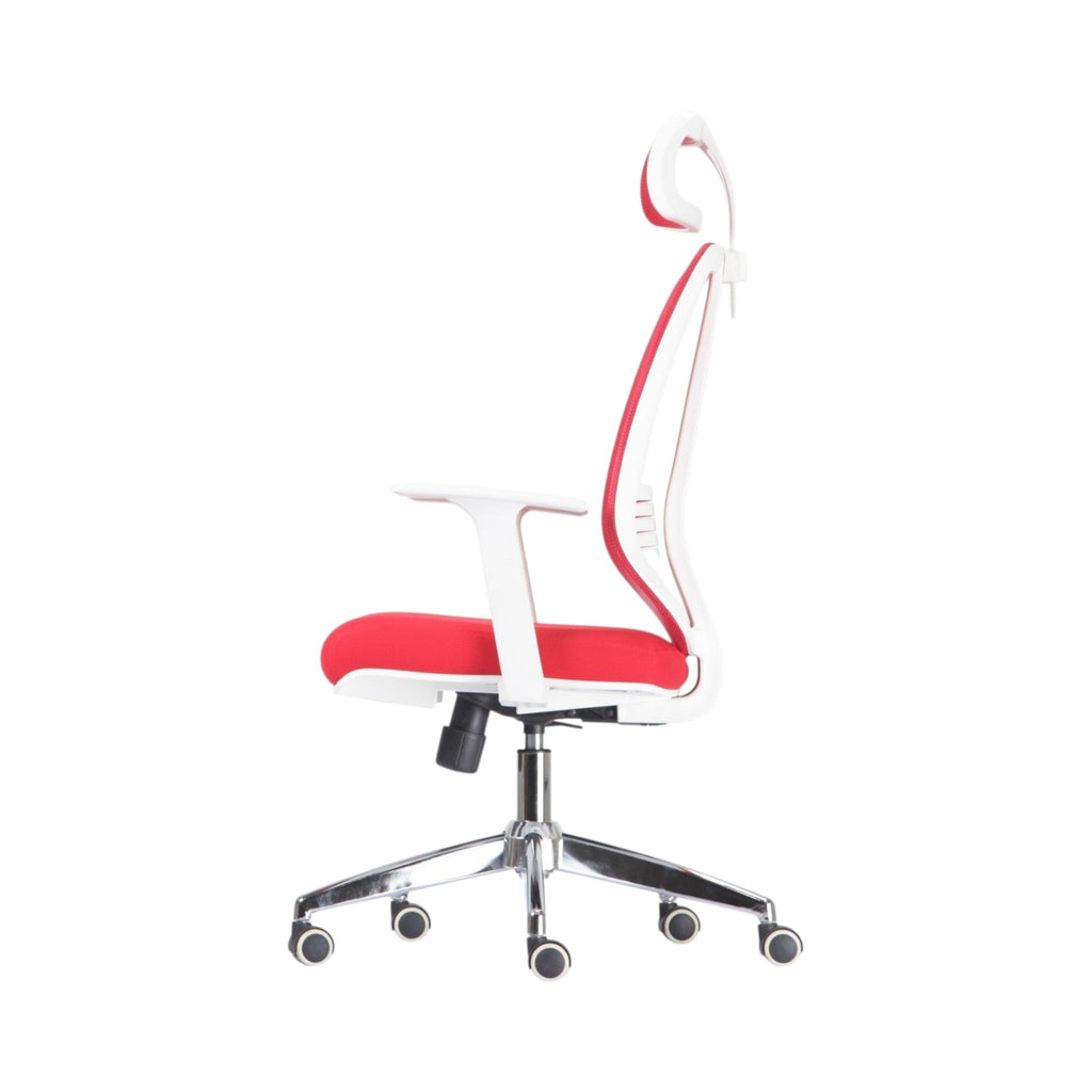 Xiaoyaozuo office chair: Red and white ergonomic mesh office chair with adjustable headrest and padded seat.