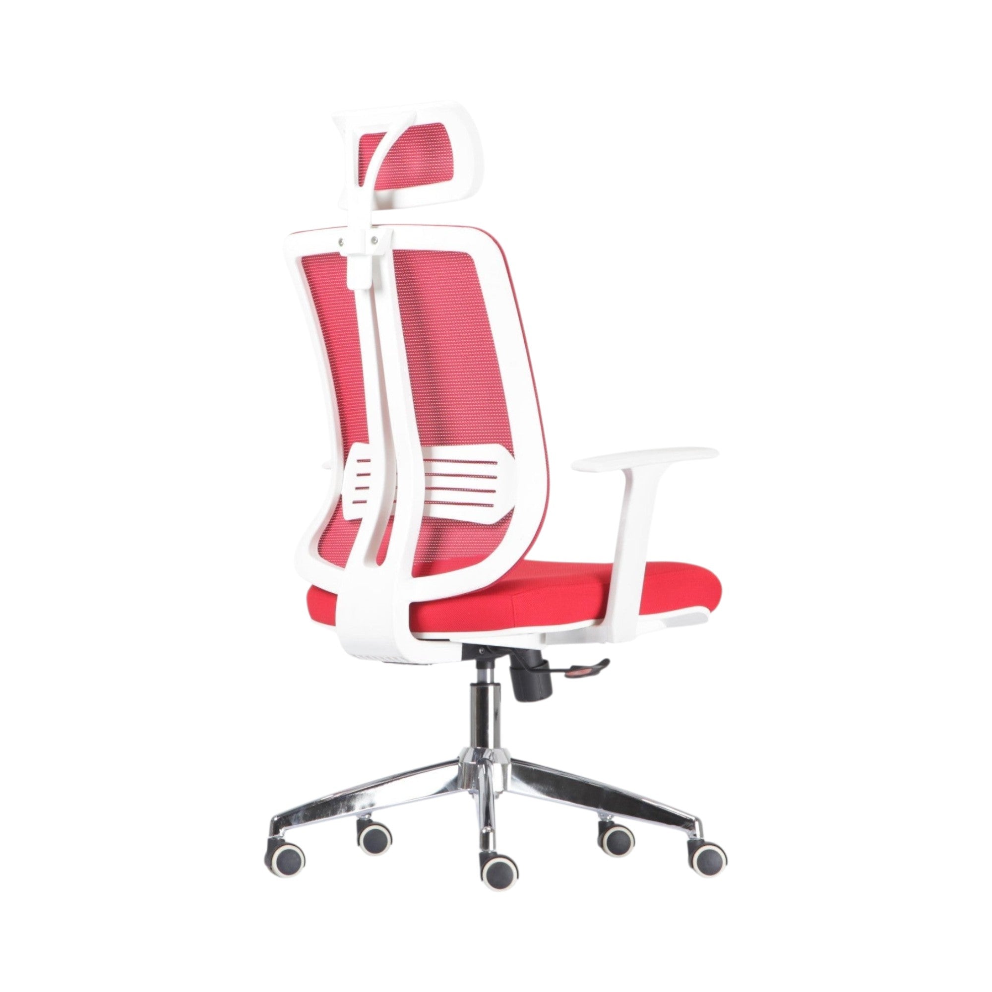 Xiaoyaozuo office chair: red mesh back ergonomic chair with adjustable headrest, white frame, and padded seat. Modern design with smooth casters.