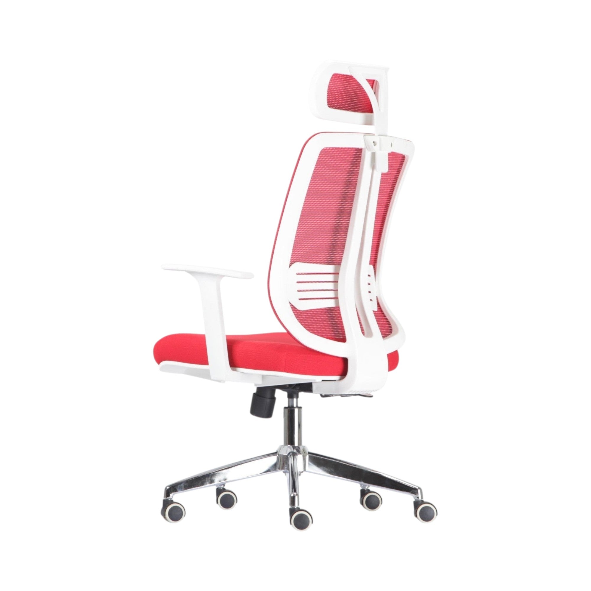 Xiaoyaozuo office chair: Red ergonomic mesh office chair with adjustable headrest and white armrests, on a white background.