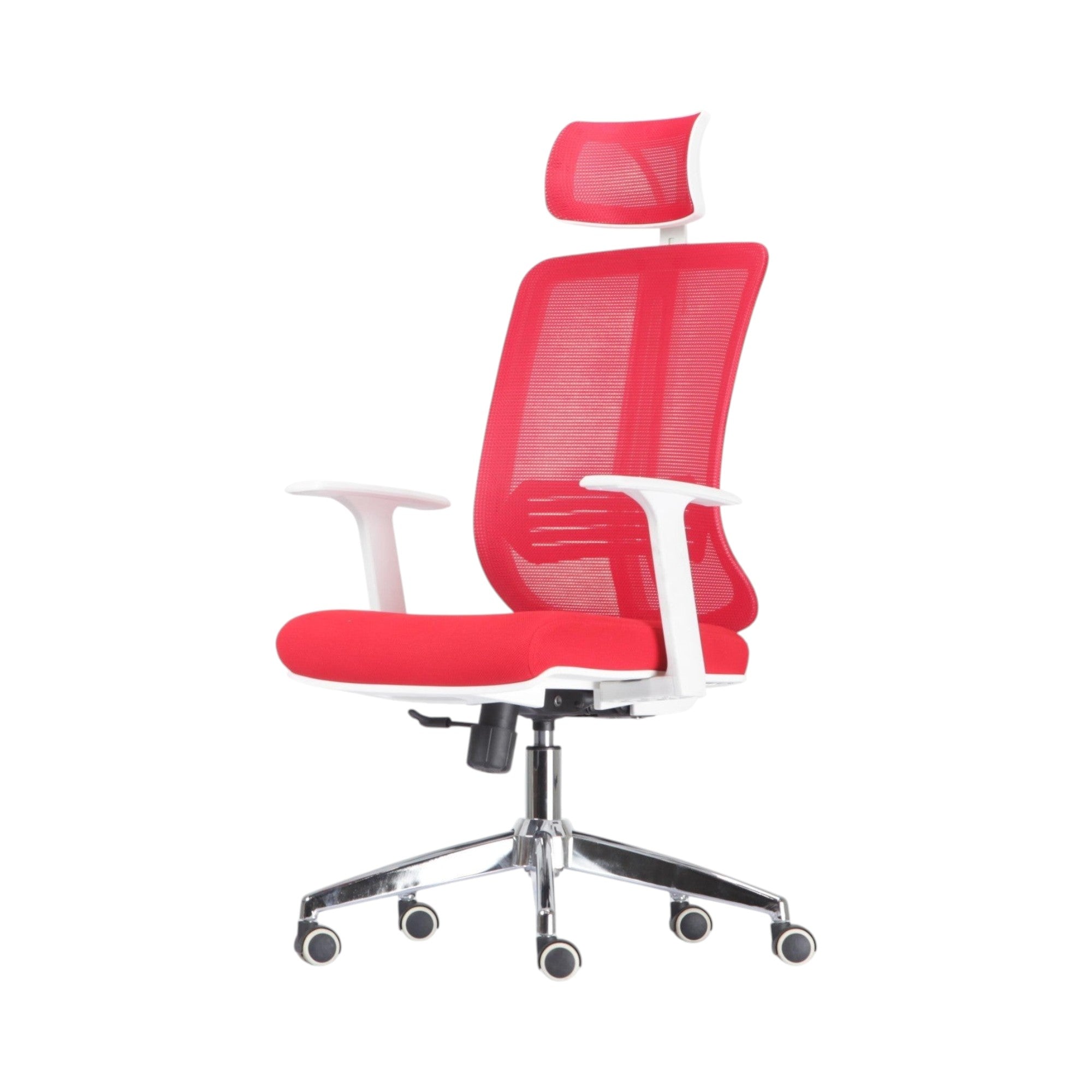 Xiaoyaozuo office chair, ergonomic red mesh office chair with adjustable headrest and white armrests, on chrome base with casters.