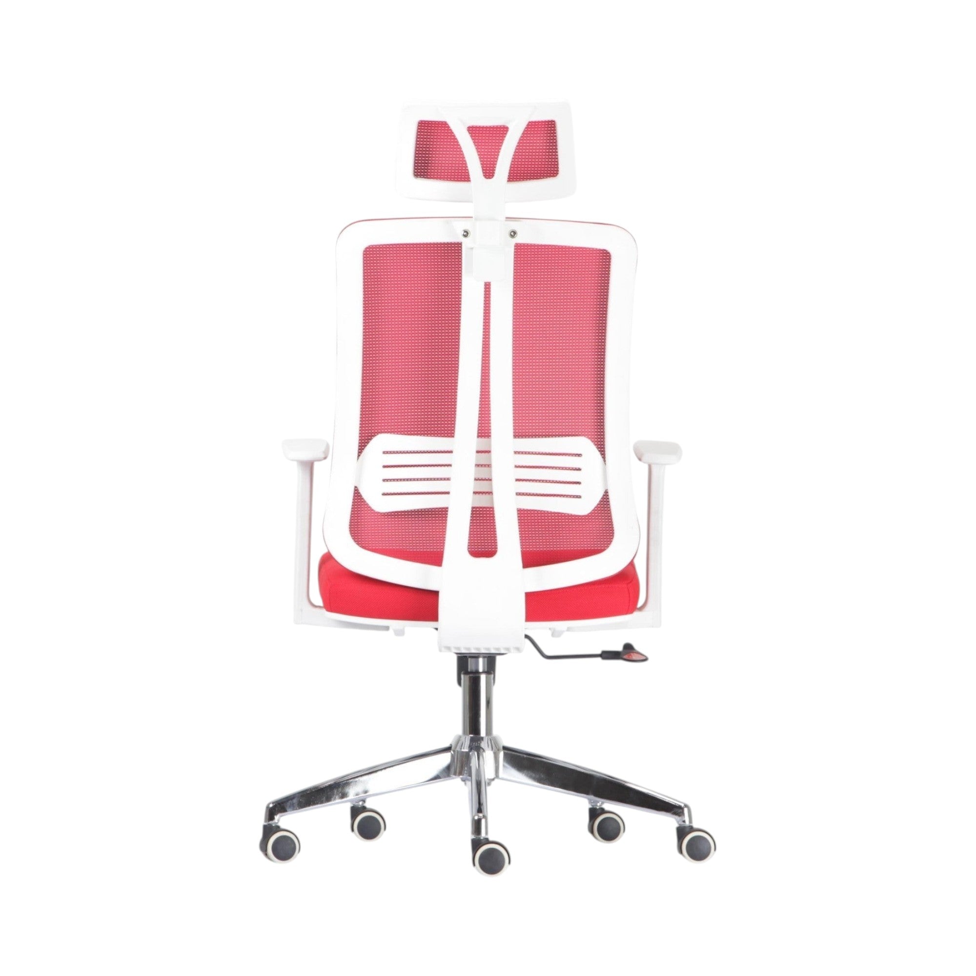 Xiaoyaozuo office chair: Red mesh ergonomic office chair with white frame, adjustable headrest, and padded seat. Features a breathable mesh back and smooth-rolling casters.