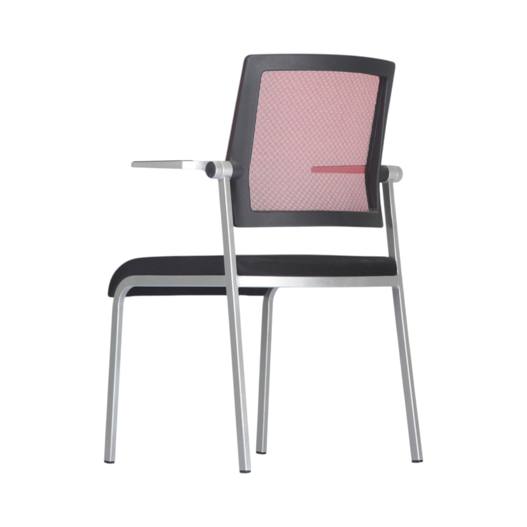 Xiaoyaozuo office chair: Modern black padded seat chair with red mesh back and silver metal frame, featuring a writing tablet.