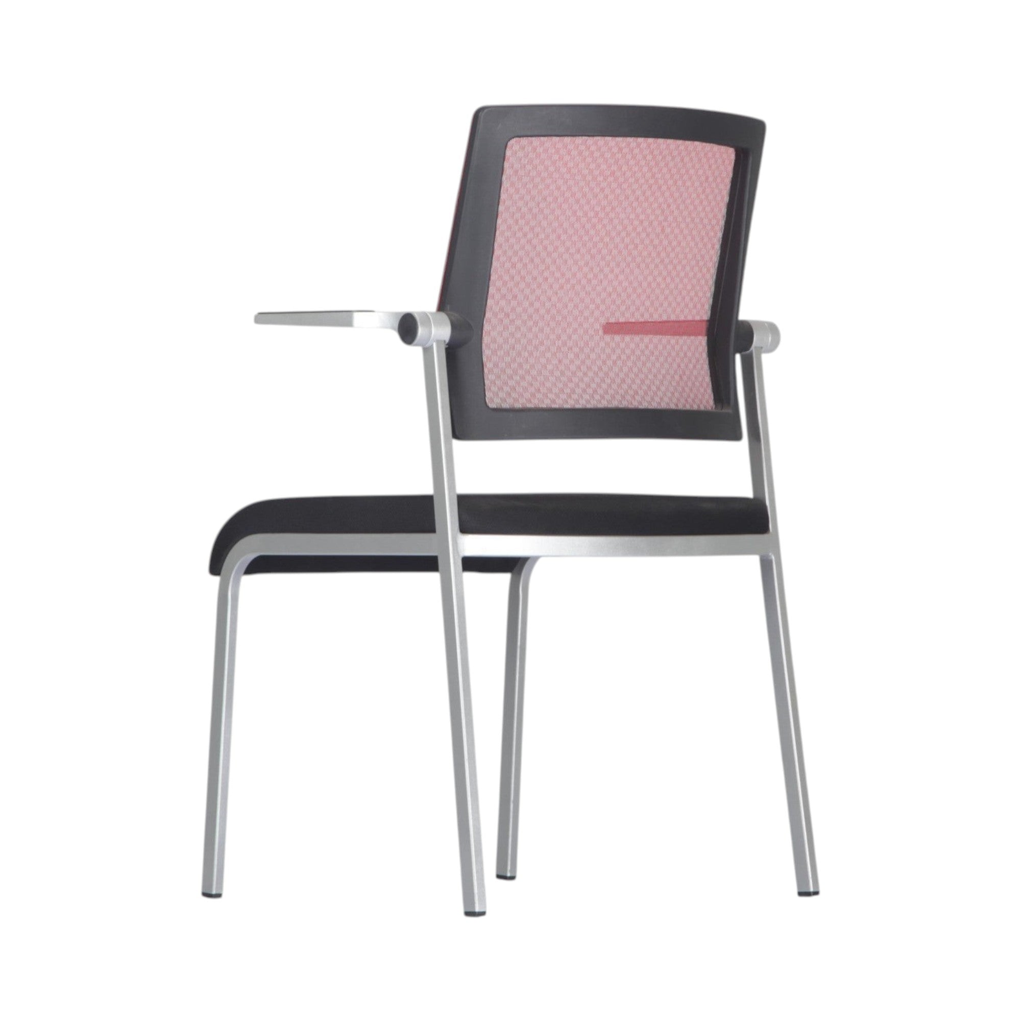 Xiaoyaozuo office chair: Modern black padded seat chair with red mesh back and silver metal frame, featuring a writing tablet.