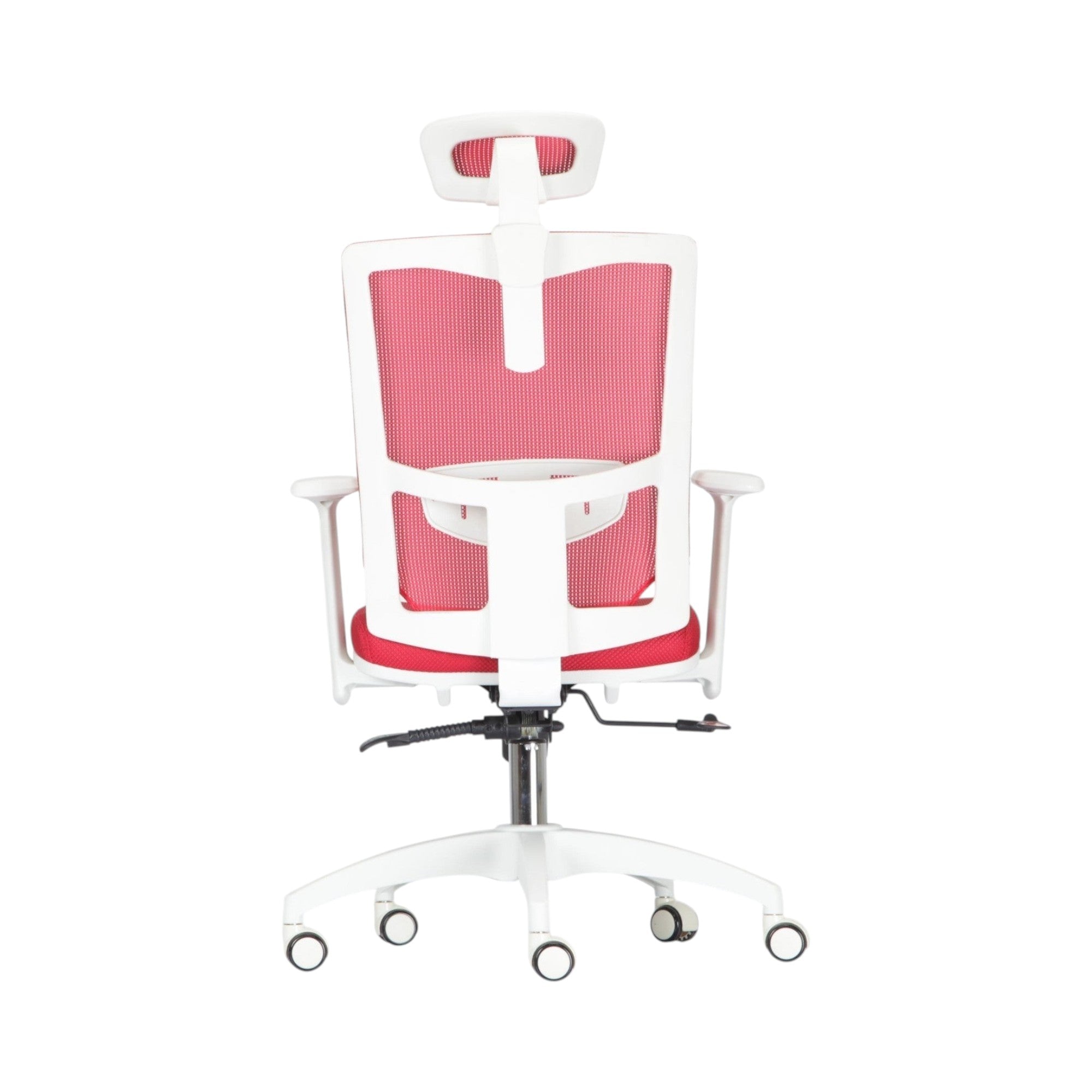 Xiaoyaozuo office chair: Ergonomic mesh office chair in red and white with adjustable headrest and padded seat. Modern design with smooth-rolling casters.