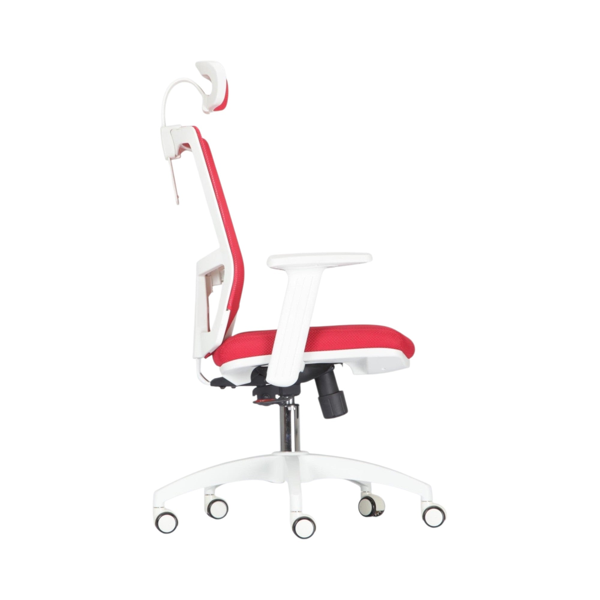 Xiaoyaozuo office chair: Ergonomic red and white mesh office chair with adjustable headrest and armrests.