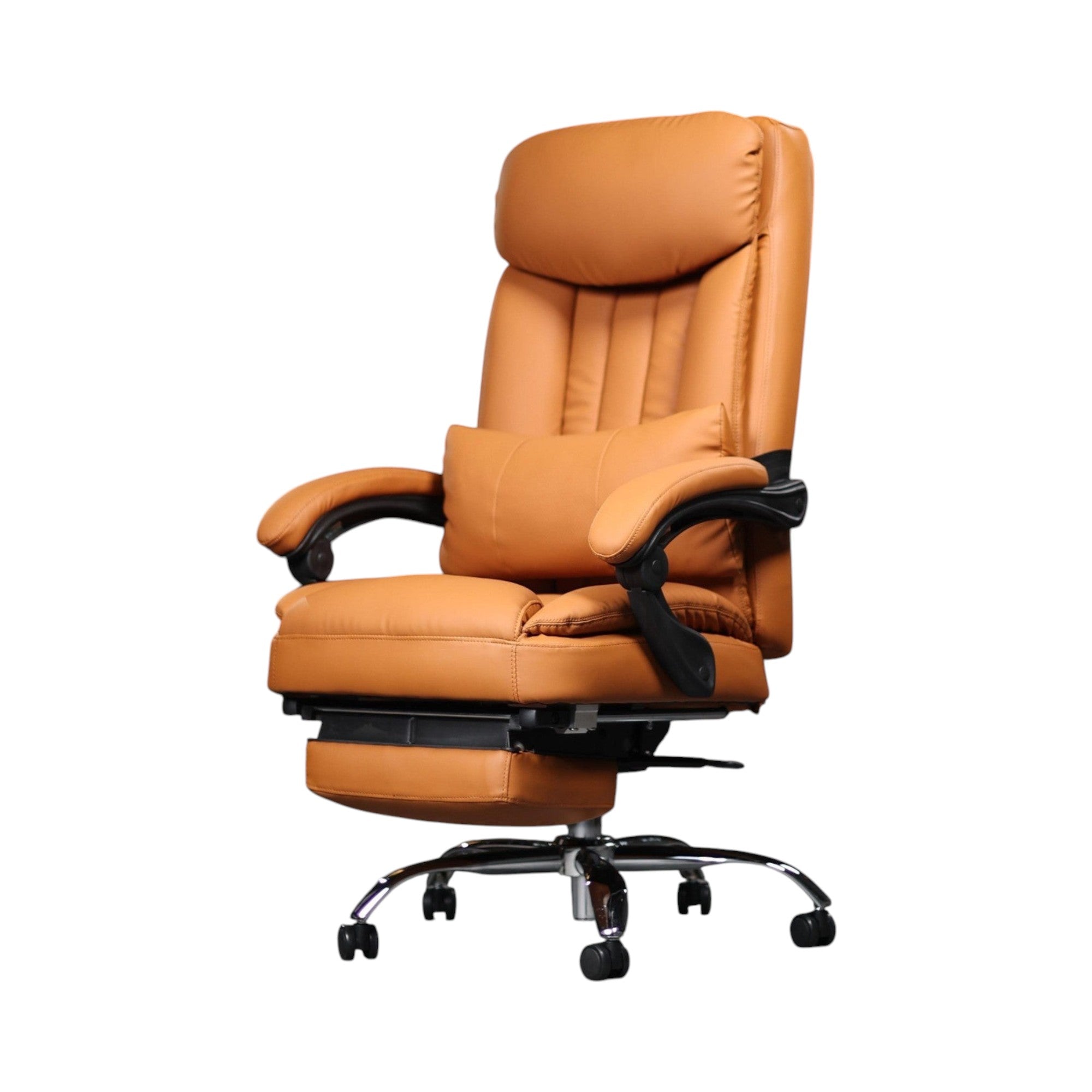 Xiaoyaozuo office chair executive ergonomic tan faux leather chair with retractable footrest and lumbar support pillow.