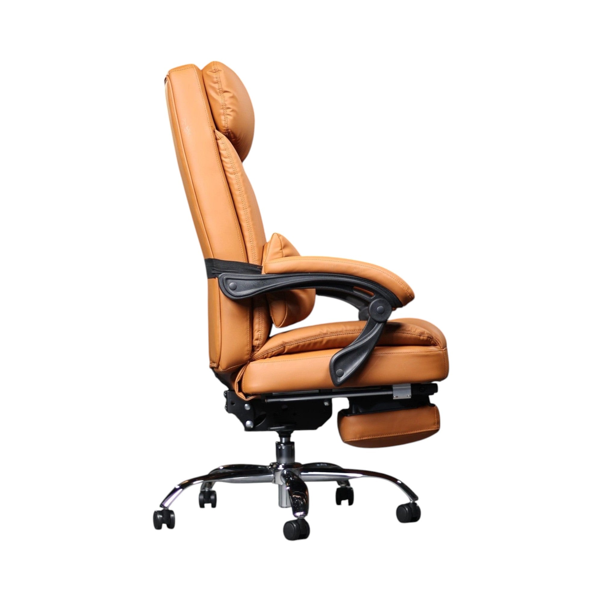 Xiaoyaozuo office chair tan faux leather executive ergonomic chair with retractable footrest and headrest.