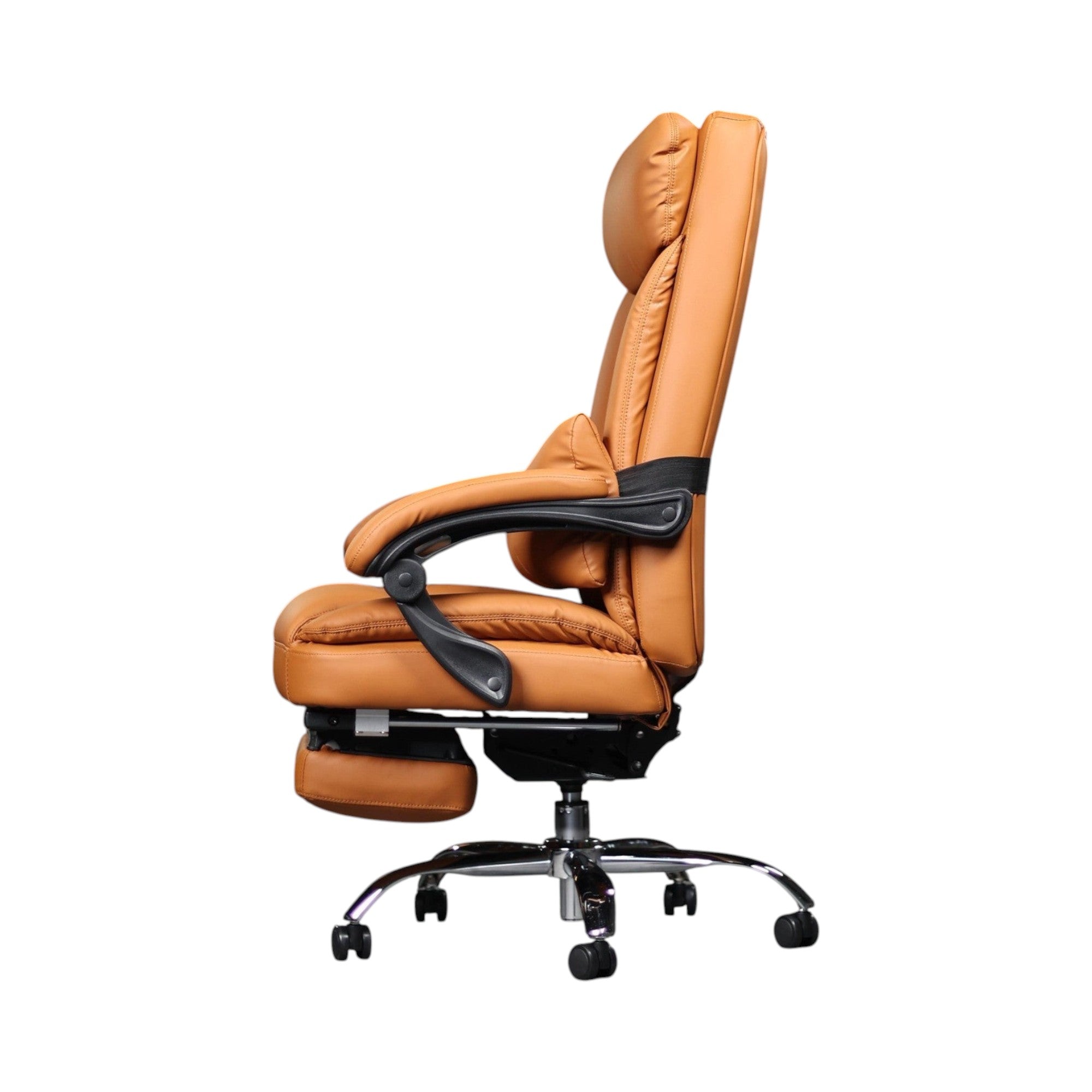 Xiaoyaozuo office chair tan faux leather executive ergonomic chair with retractable footrest and headrest.