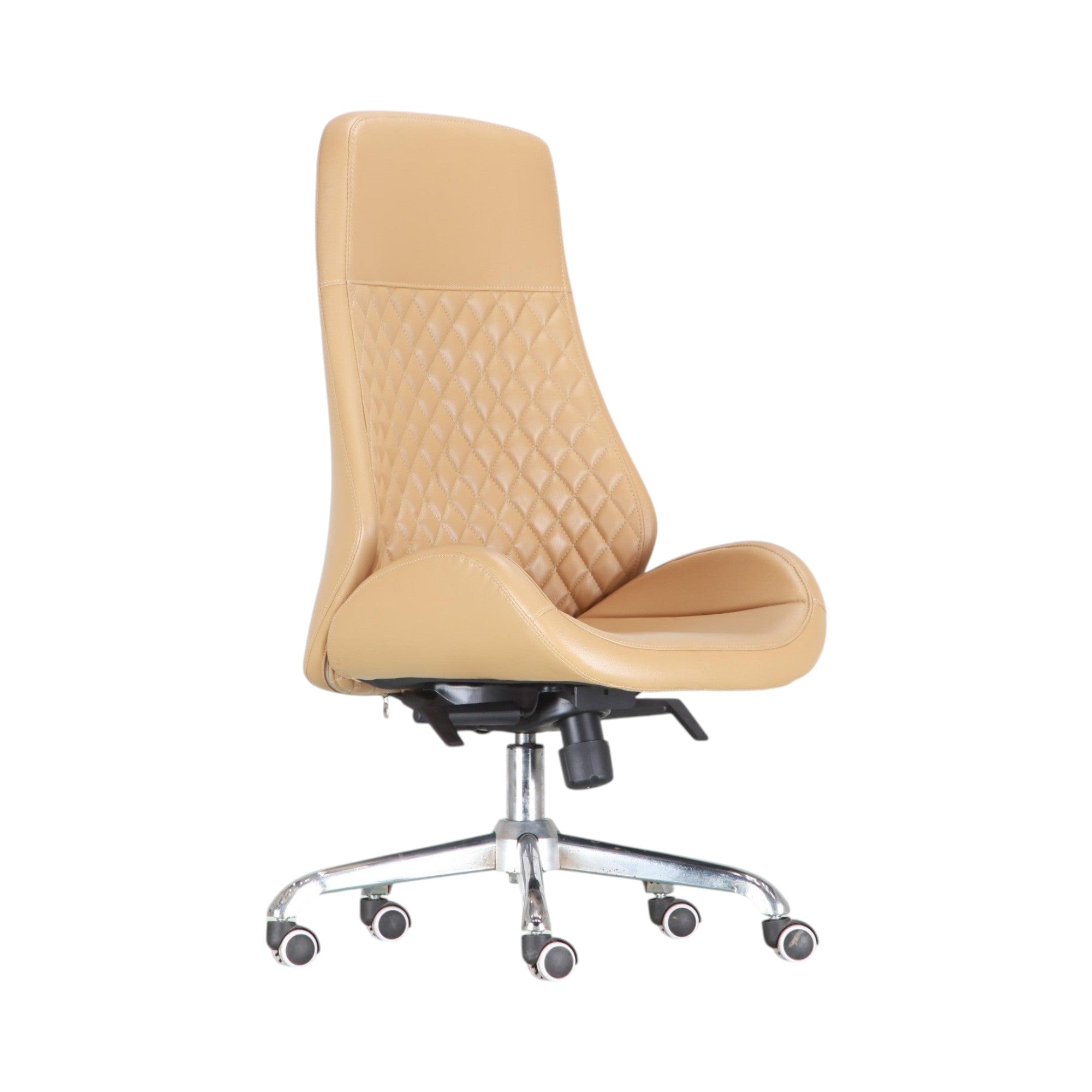 Xiaoyaozuo office chair: Tan faux leather executive office chair with diamond stitching, high back, and chrome base with casters.