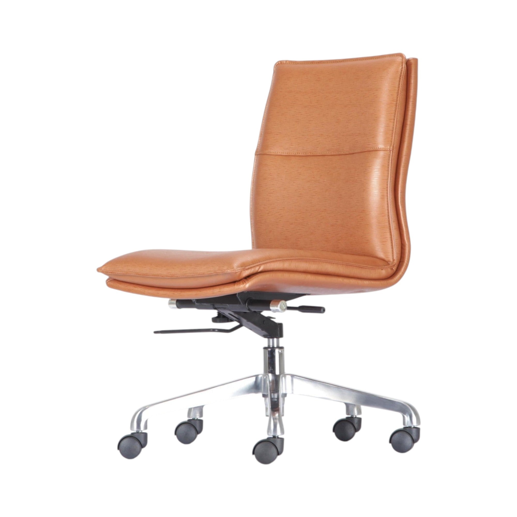 Xiaoyaozuo office chair: Tan faux leather executive office chair with ergonomic design and polished chrome base with casters.