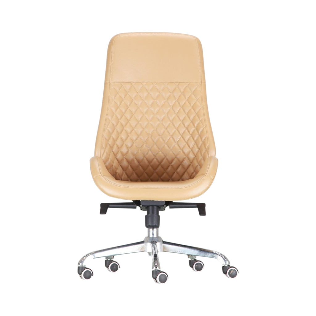 Xiaoyaozuo office chair tan faux leather executive chair with diamond stitching and chrome base.