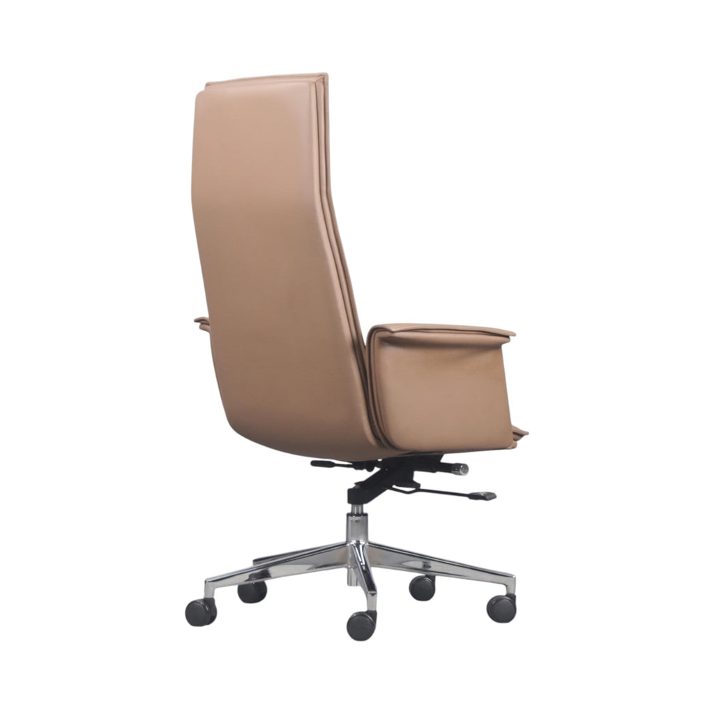Xiaoyaozuo office chair tan faux leather executive high-back chair with polished chrome base and casters.