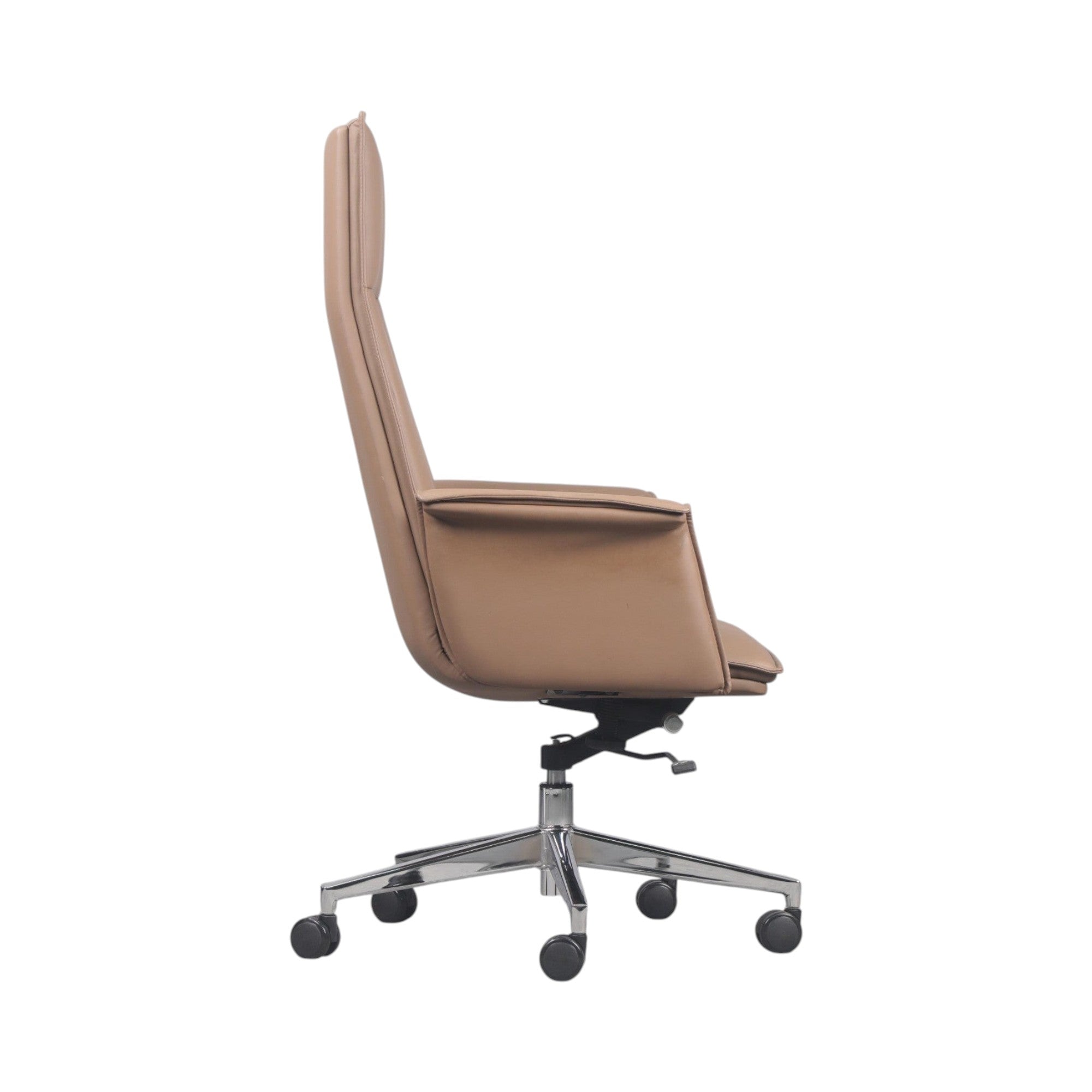 Xiaoyaozuo office chair tan faux leather executive high-back chair with polished chrome base and casters.