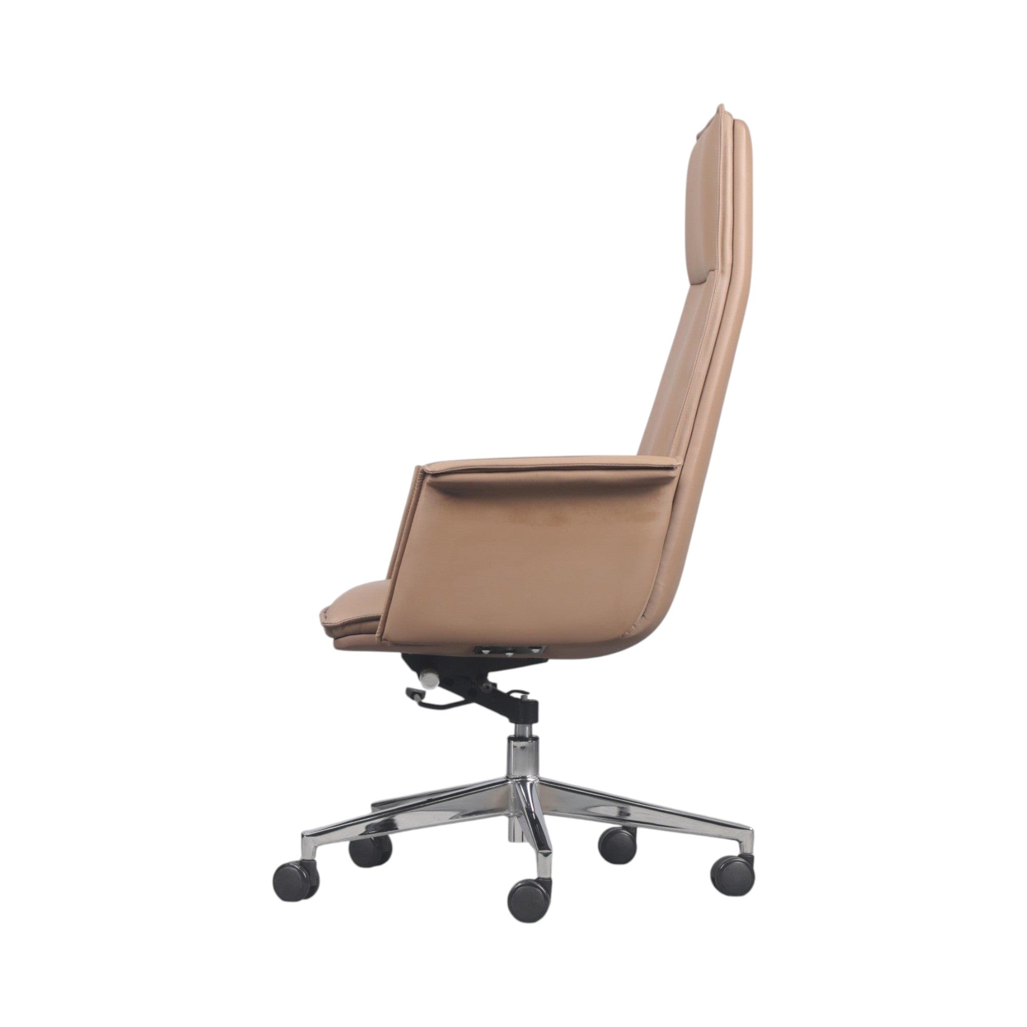 Xiaoyaozuo office chair tan faux leather executive high-back office chair with polished chrome base and casters.