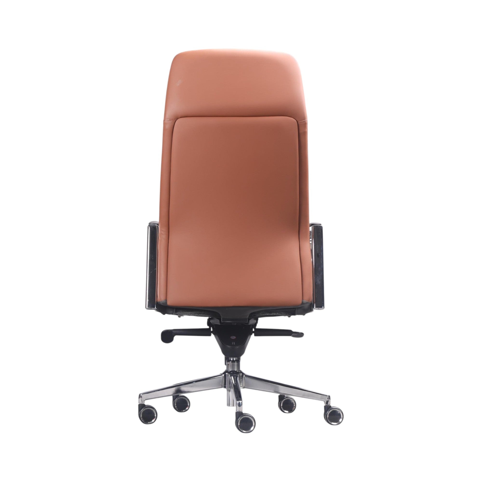 Xiaoyaozuo office chair executive high back chair in tan faux leather with chrome accents and five-wheel base.