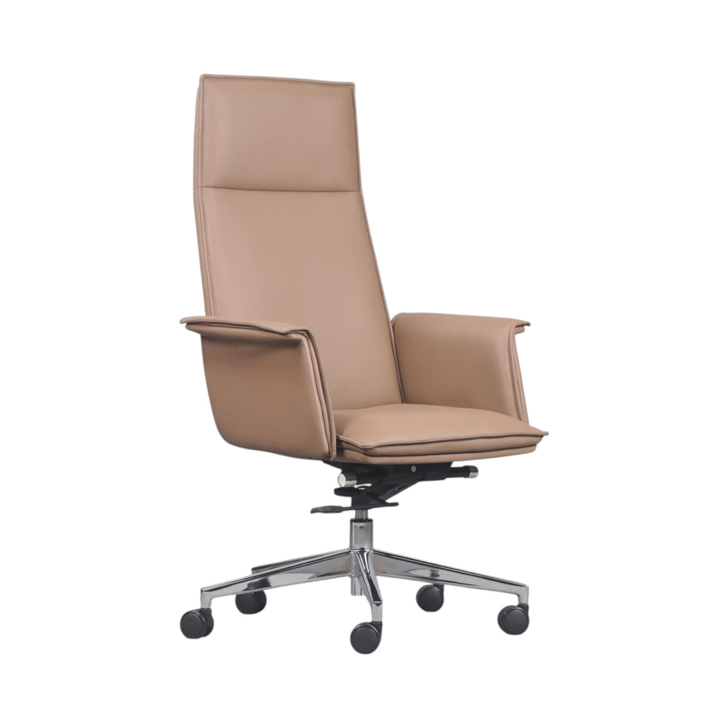 Xiaoyaozuo office chair tan faux leather executive high-back office chair with polished chrome base and casters.
