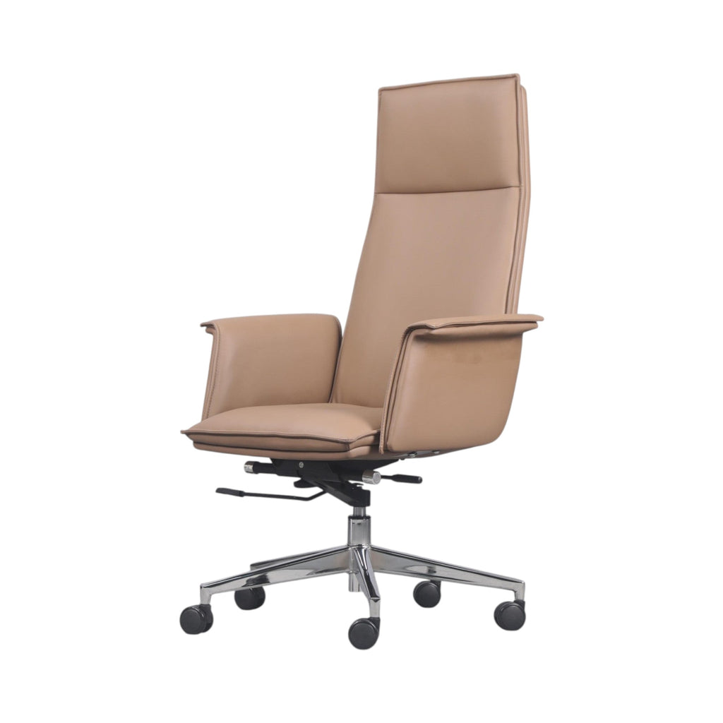 Xiaoyaozuo office chair tan faux leather executive high-back chair with polished chrome base and casters.
