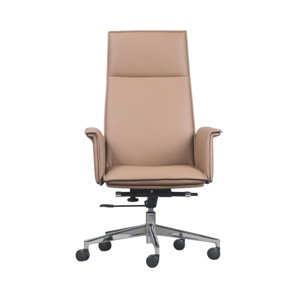 Xiaoyaozuo office chair tan faux leather executive high-back chair with polished chrome base and casters.