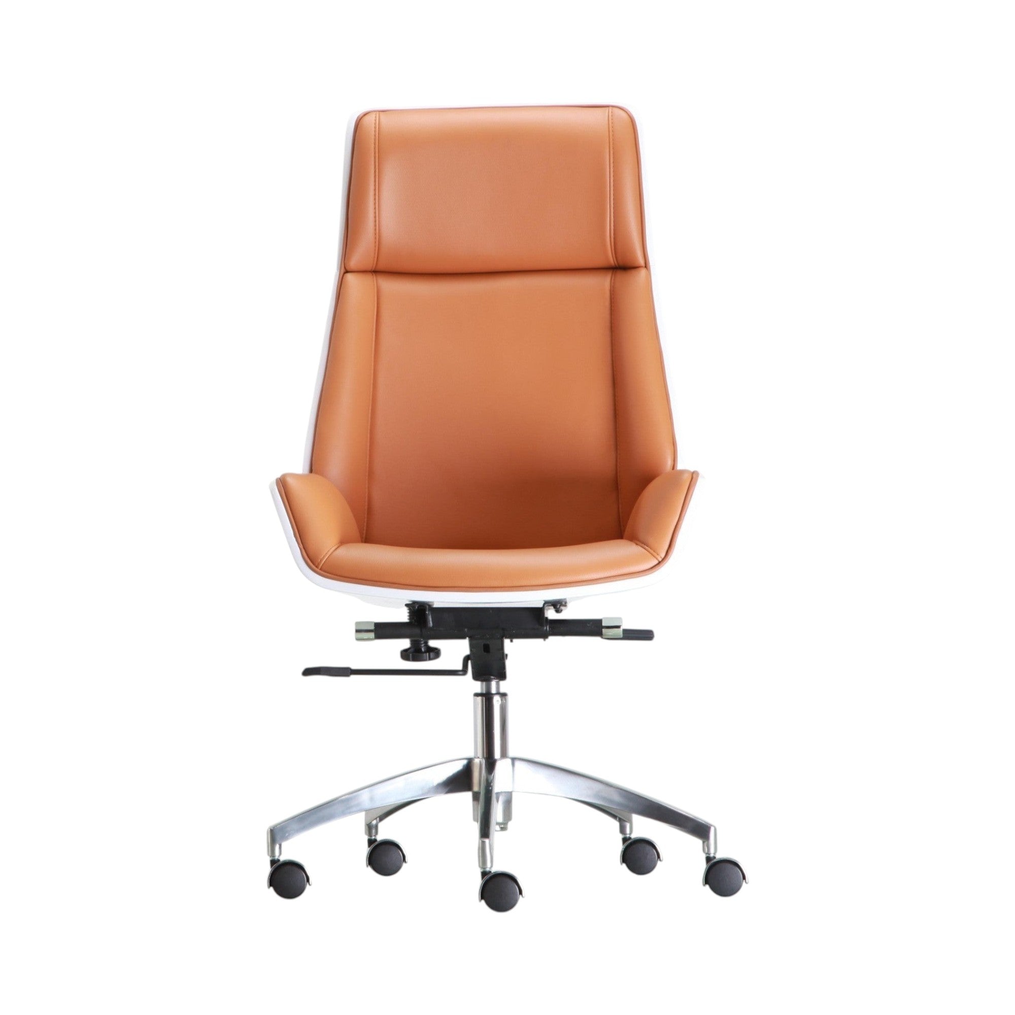 Xiaoyaozuo office chair: Executive high back chair in tan leather with white shell, ergonomic design, and casters.