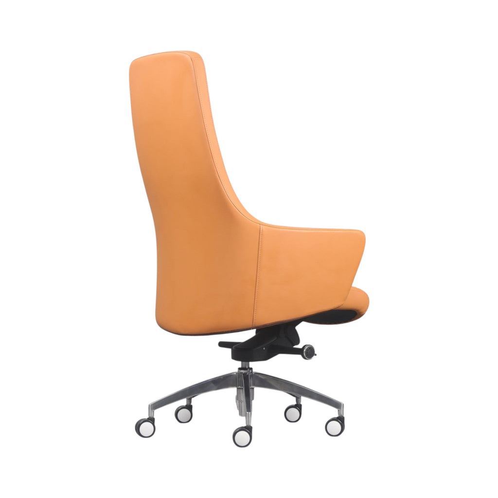 Xiaoyaozuo office chair executive high back chair in tan leather with polished chrome base and casters.