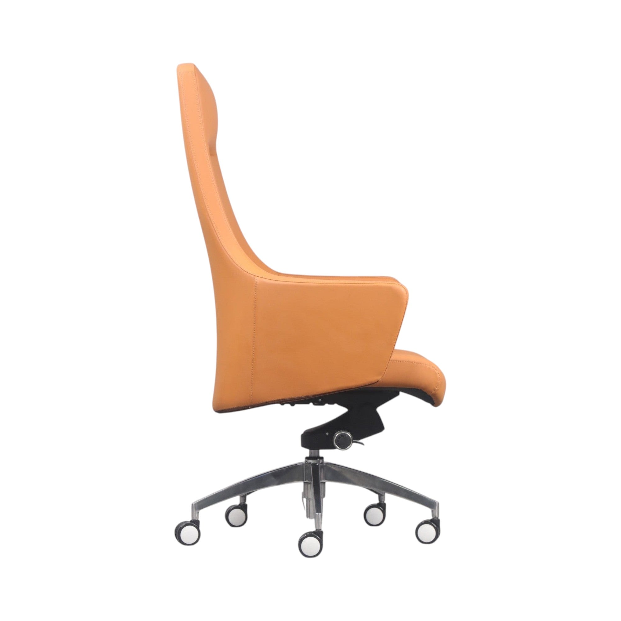 Xiaoyaozuo office chair: Tan leather executive high back office chair with headrest and polished chrome base.