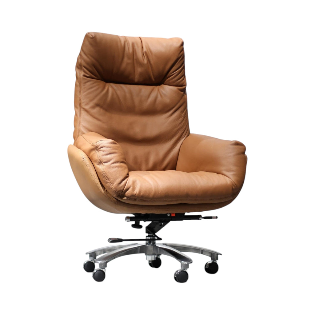 Xiaoyaozuo office chair tan leather executive high back chair with plush cushioning and polished metal base.