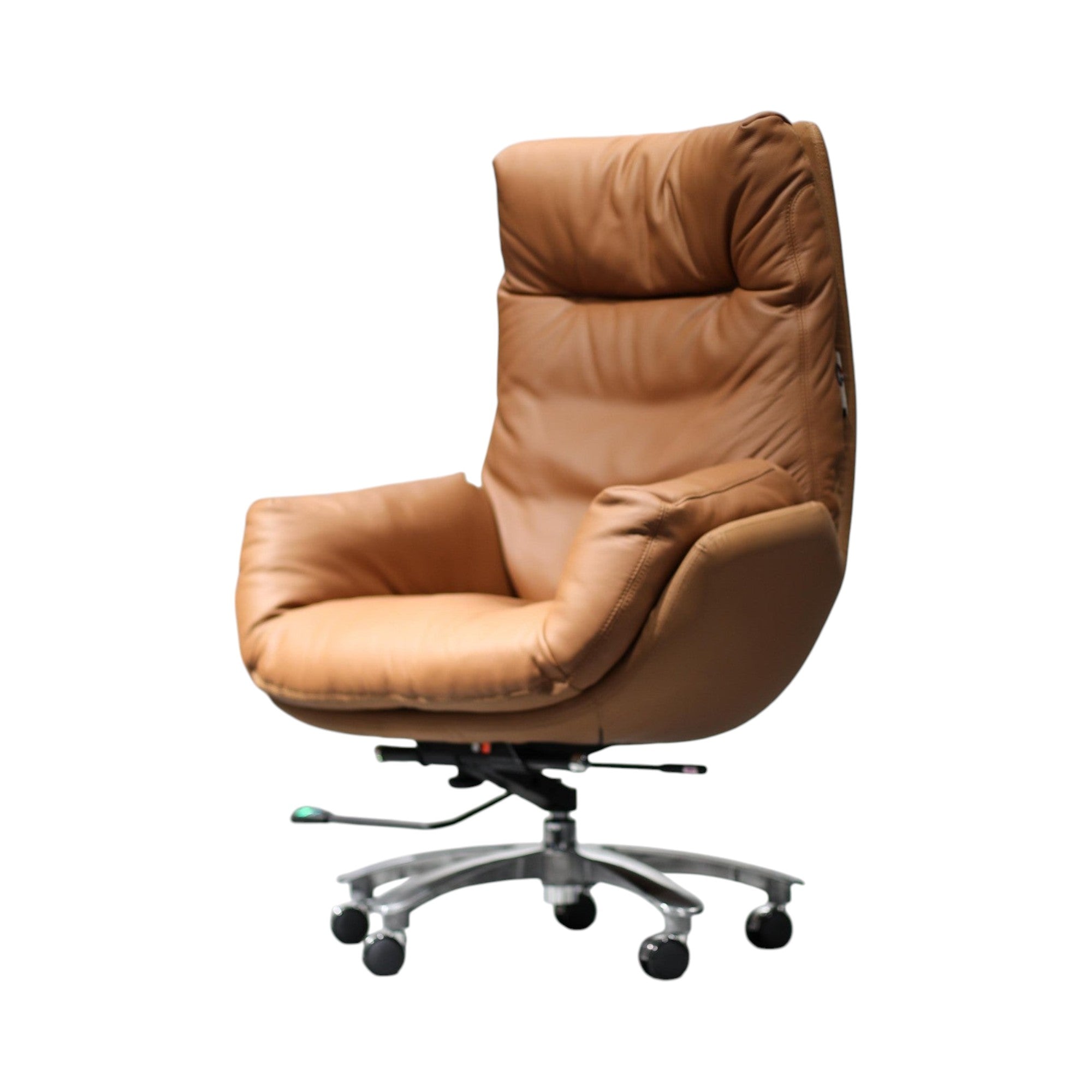 Xiaoyaozuo office chair: Tan leather executive high-back chair with plush cushioning and polished metal base.