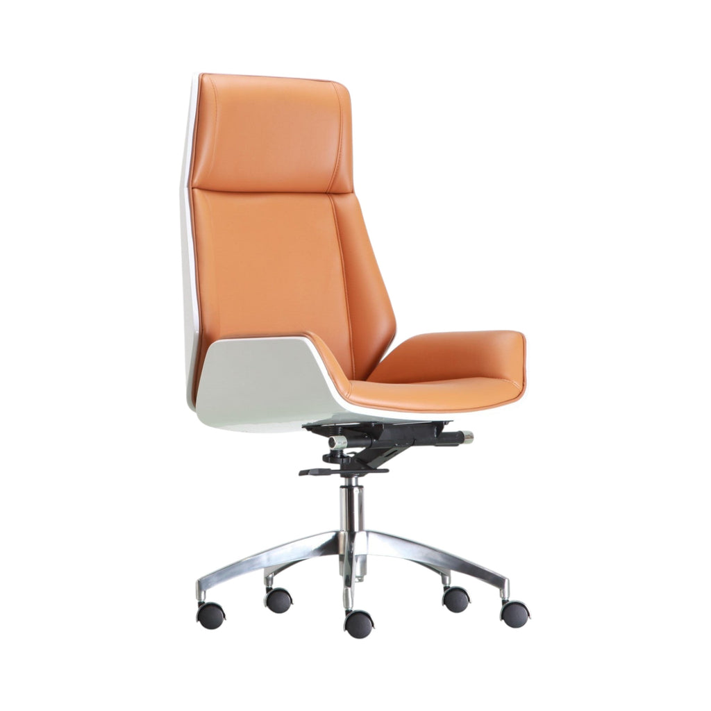 Xiaoyaozuo office chair executive high back chair with tan leather upholstery and white shell, ergonomic design, adjustable height, casters.